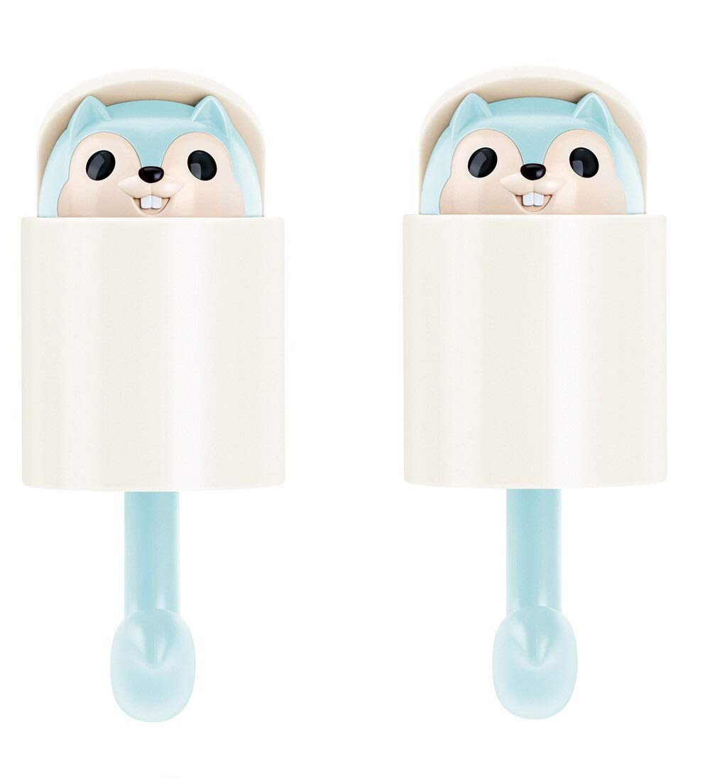 2 Pack Squirrel Wall Hooks - Adhesive Metal Hook Rack for Kitchen, Living Room, Bathroom | Cute Cartoon Hanger for Keys, Umbrellas, Towels, Hats, Coats & Clothes Organization (Light Blue) - Perfect for Home, Dorm & Office Decor