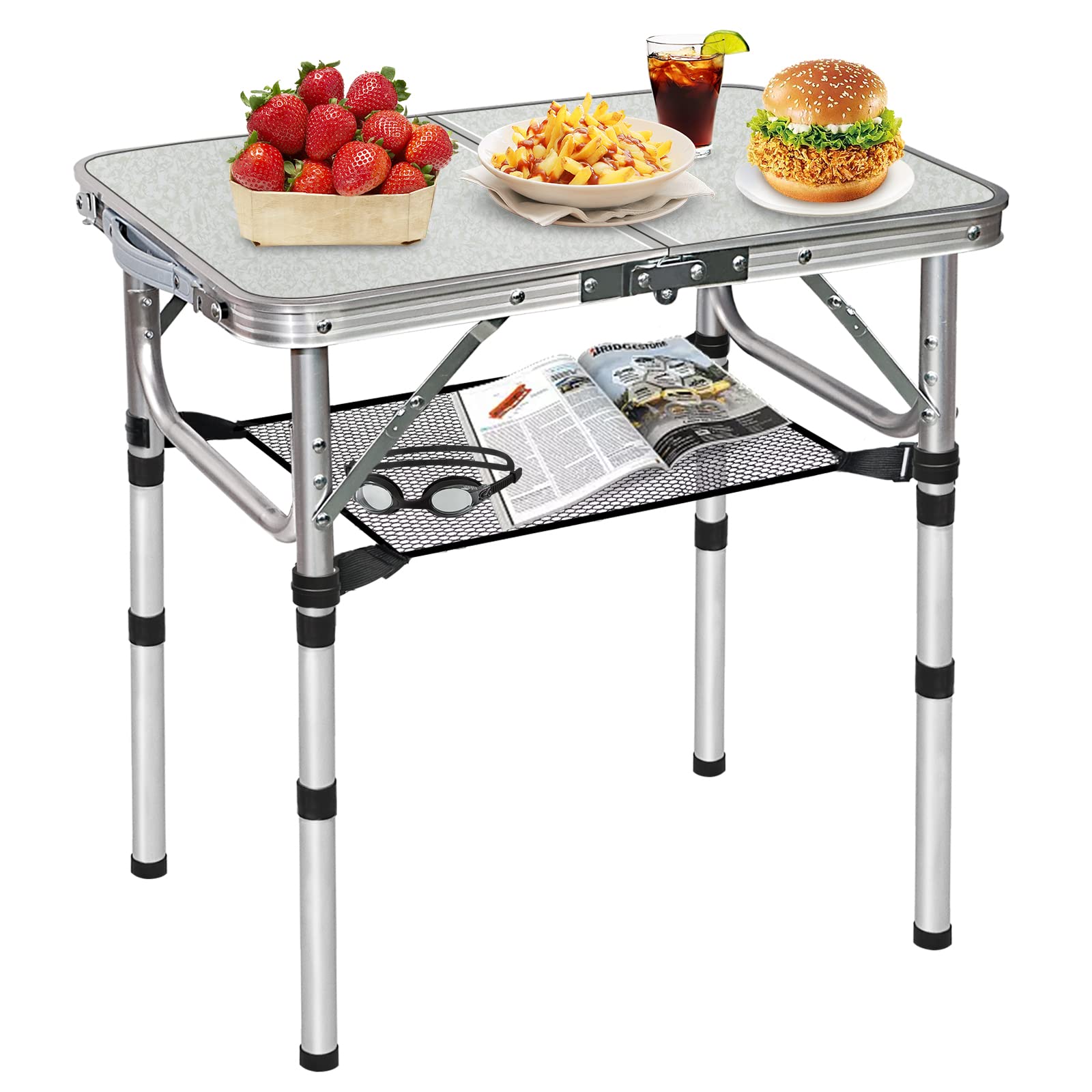 **Compact 3-Height Adjustable Folding Table - 2FT Portable Camping & Outdoor Table with Mesh Storage, White Metal Beach & Patio Table for BBQ, Picnics, and Travel**    *(Perfect for camping trips, beach outings, backyard BBQs, picnics, and small-space living!)*