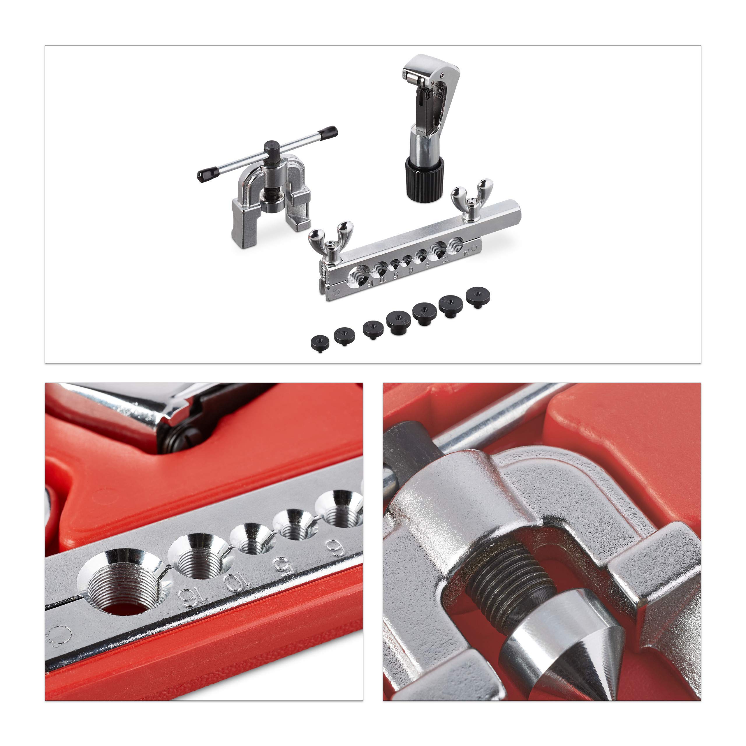 Professional Flaring Tool Kit with Pipe Cutter for 5-16mm Copper & Aluminum Pipes - Brake Line Repair, HVAC & Plumbing Projects - Silver/Black/Red