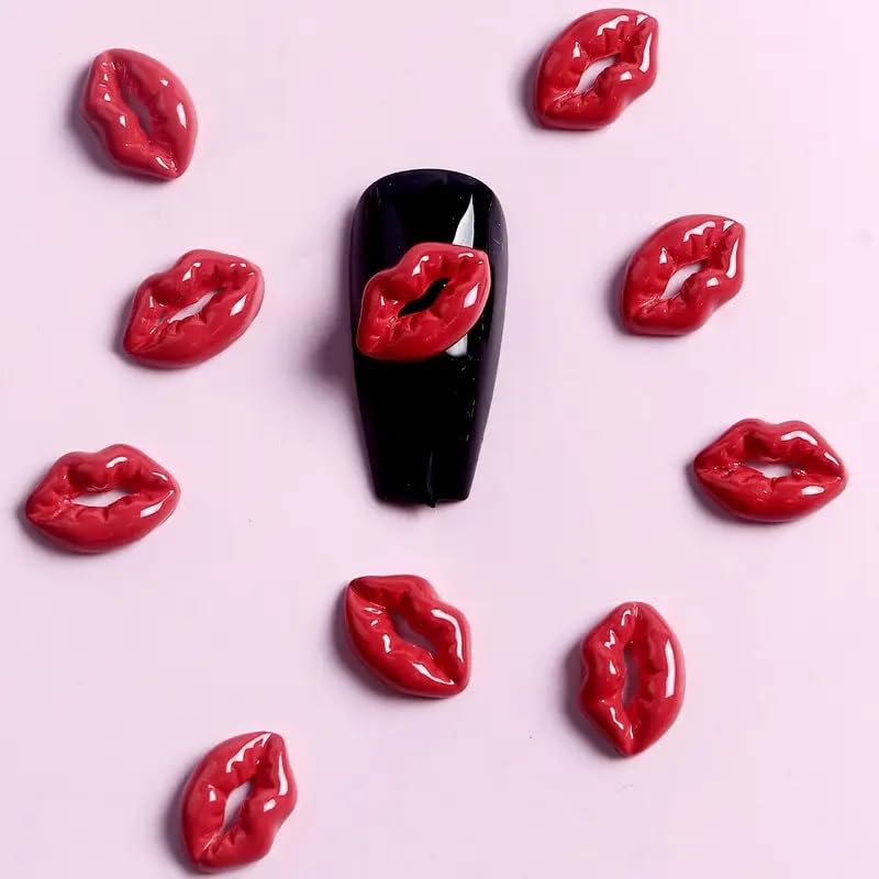 10Pcs Valentine’s Day 3D Alloy Nail Charms with Rhinestones - Red Lip Print Nail Art Decorations for Acrylic Nails, DIY Manicure Supplies - Perfect for Valentine's Gifts, Party Nail Art & Salon Decor