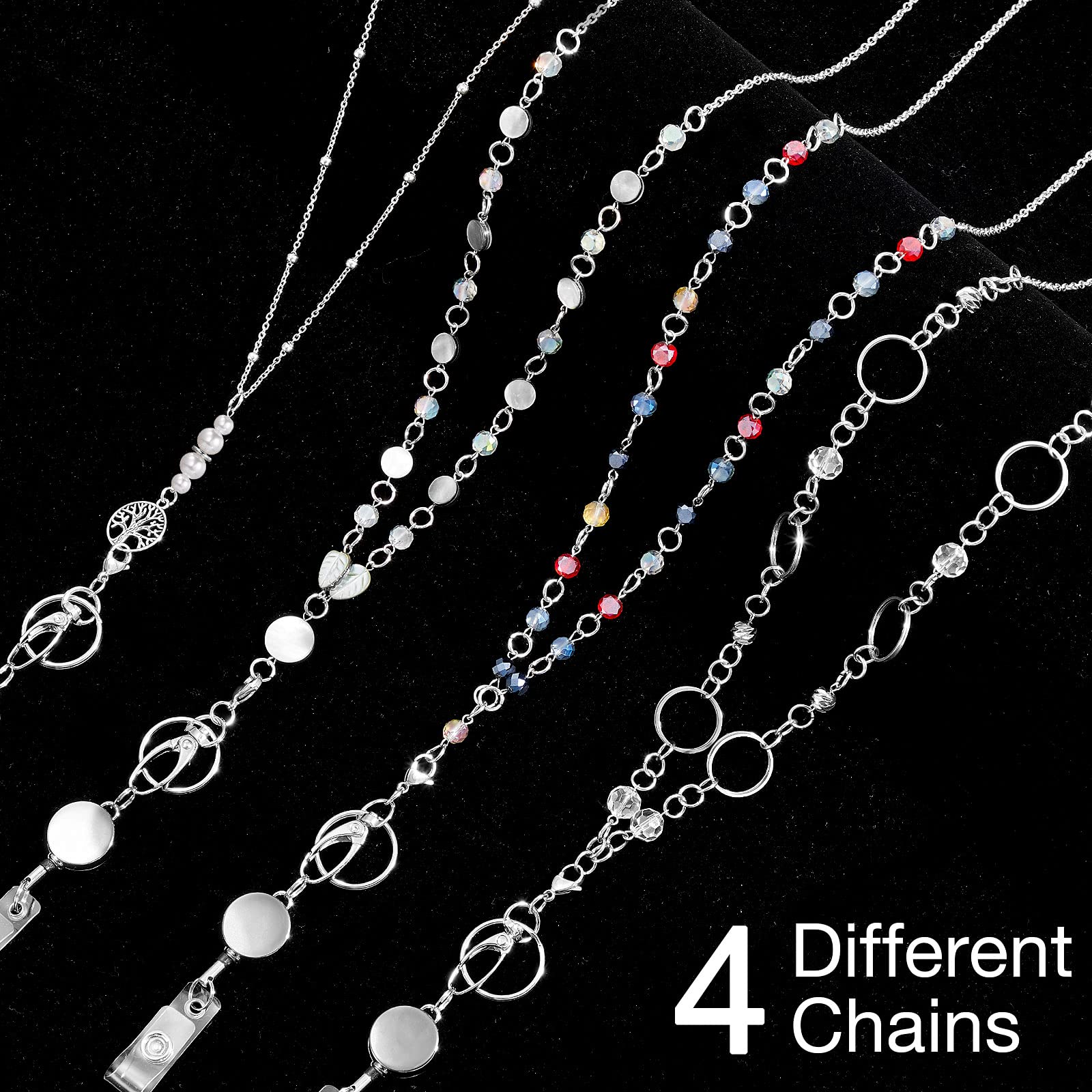 Pangda 4-Pack Beaded ID Necklace Set - Retractable Lanyards for Women - Office & School Use