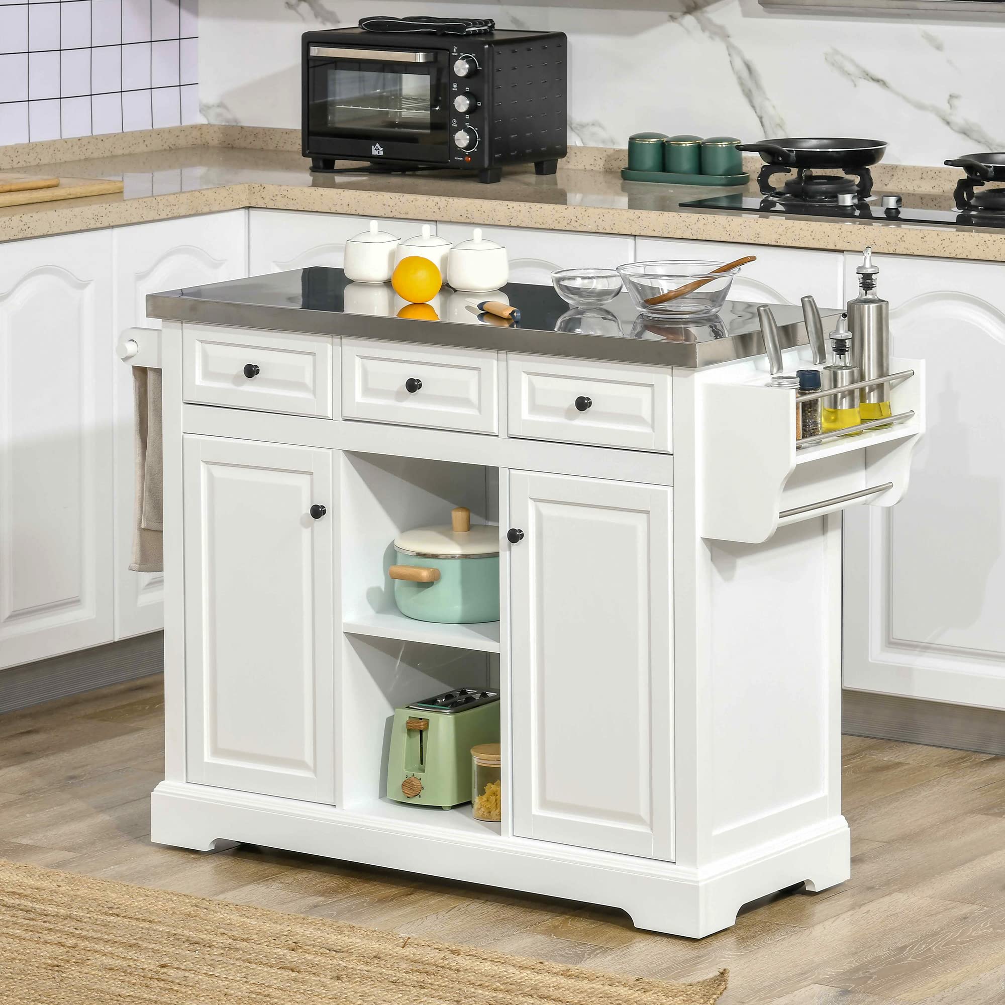 HOMCOM White Rolling Kitchen Island with Storage - Stainless Steel Top, Spice Rack & Drawers - Mobile Kitchen Cart for Small Spaces, Apartment Cooking & Extra Counter Space
