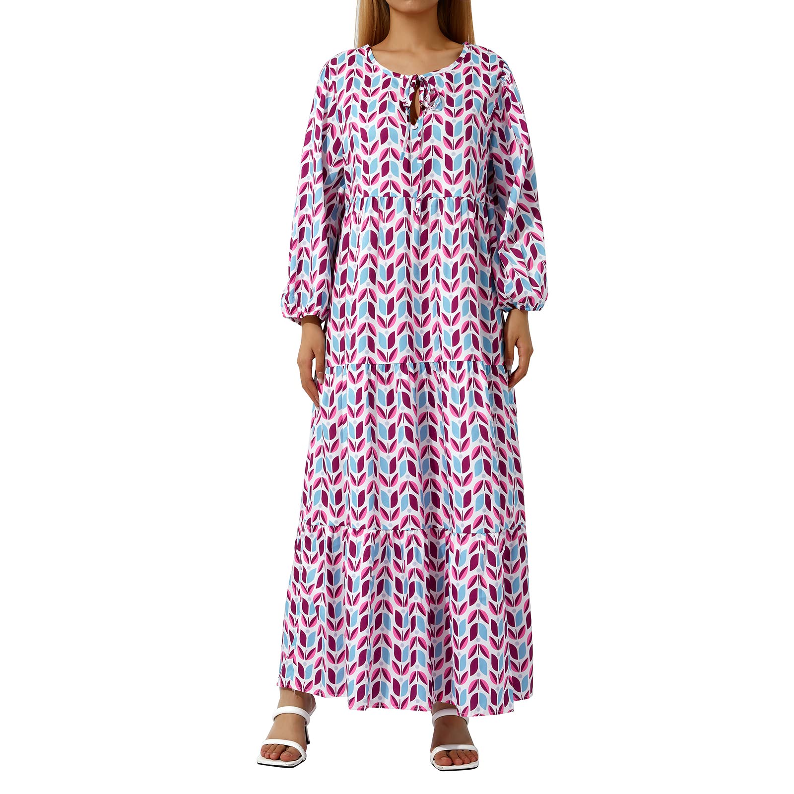 Women's Floral Puff Sleeve Maxi Dress - Bohemian V Neck Tiered Long Sundress for Summer | Beach Wedding, Vacation & Casual Outfit
