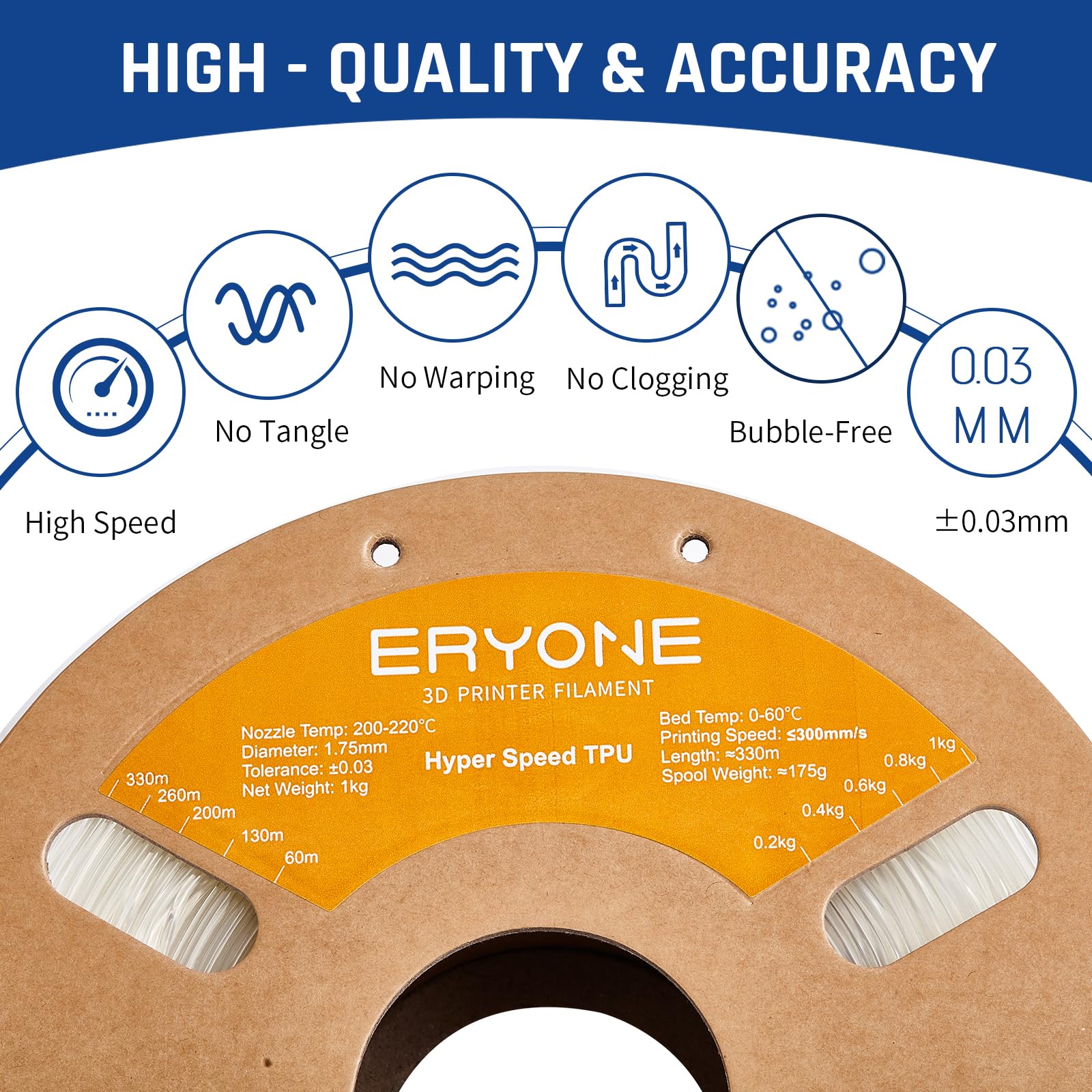 ERYONE High-Speed TPU Filament 1.75mm 1KG - 95A Flexible 3D Printer Filament ±0.03mm Accuracy for Hyper Speed Printing (30-300mm/s) - Transparent Filament for Cosplay, Phone Cases & Functional Prototypes