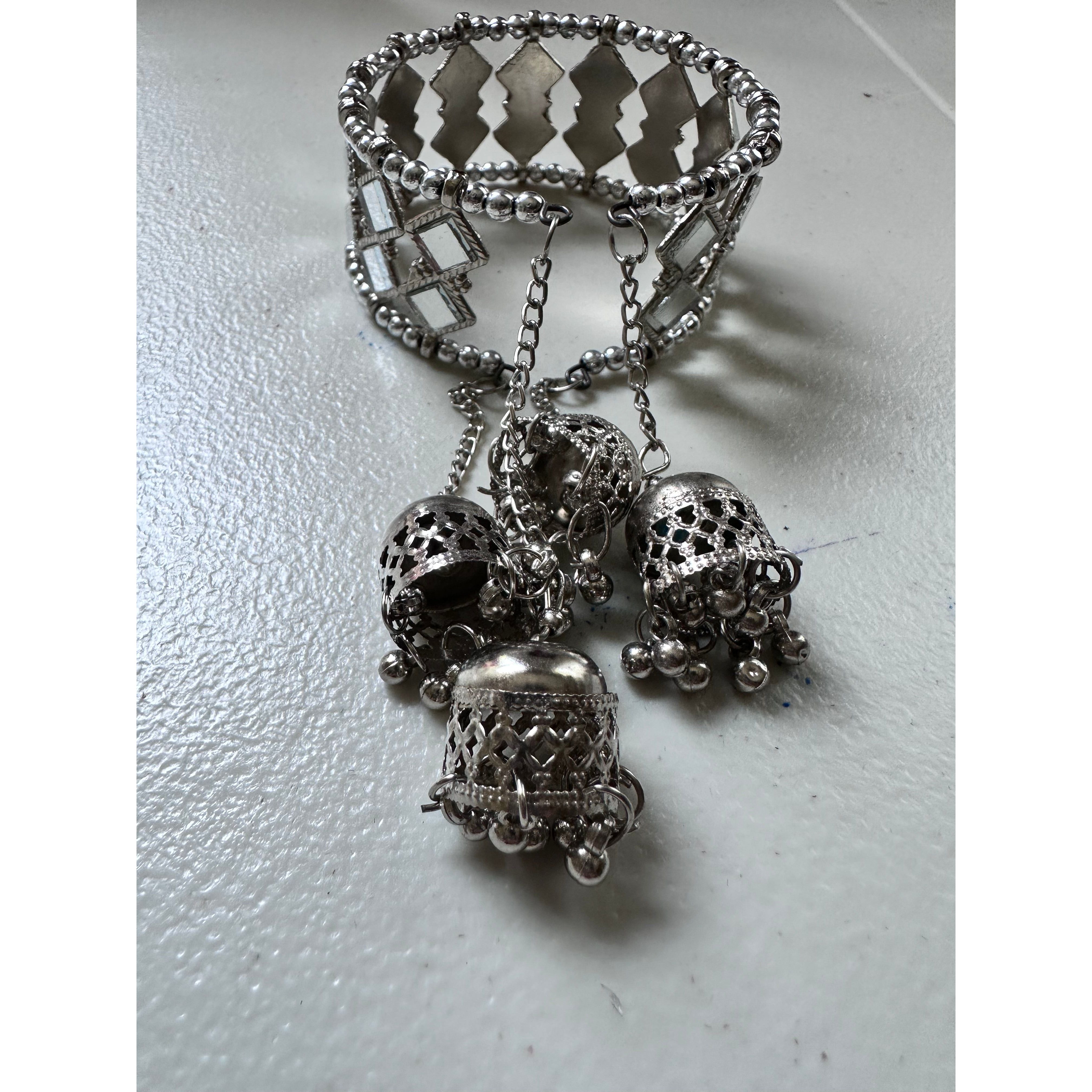 Oxidized Silver Cuff Bracelet with Jhumka Dangles - Boho Ethnic Jewelry for Women, Perfect for Festivals, Weddings & Special Occasions