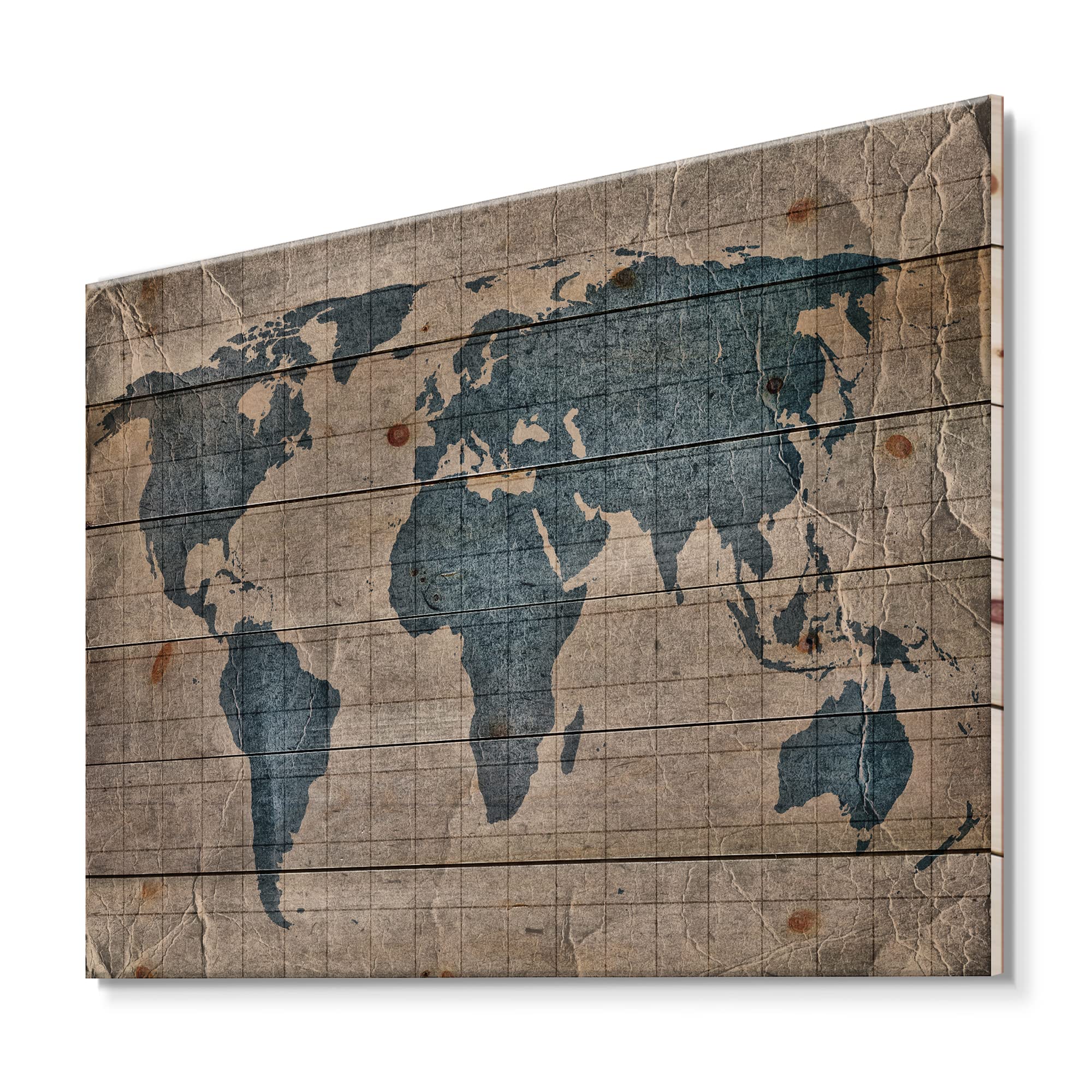 Vintage World Map Wall Art - Rustic Wood Wall Decor with Blue Ocean Print on Natural Pine Wood - Perfect for Living Room, Office, or Study Decor