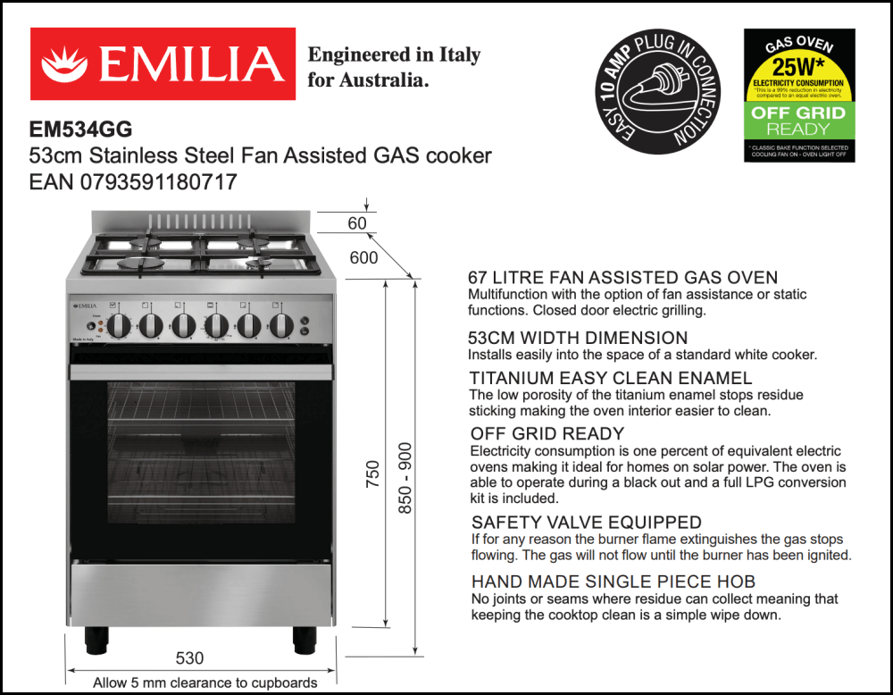 Emilia EM534GG 53cm Stainless Steel Italian Gas Stove - Professional Kitchen Appliance for Home & Restaurant Cooking | Fast Shipping & Special Order Available