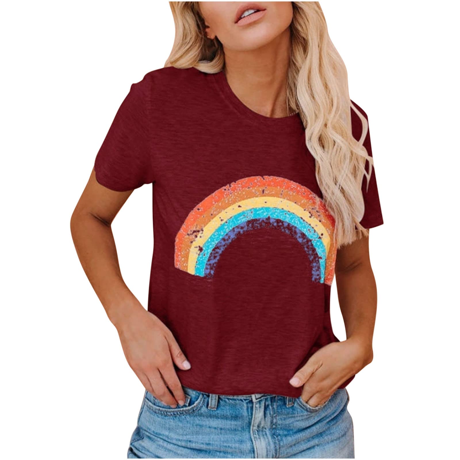 Women's Short Sleeve Rainbow Print Crewneck T-Shirts - Heart Graphic Summer Blouses & Casual Tees for Beach, Vacation, and Everyday Wear