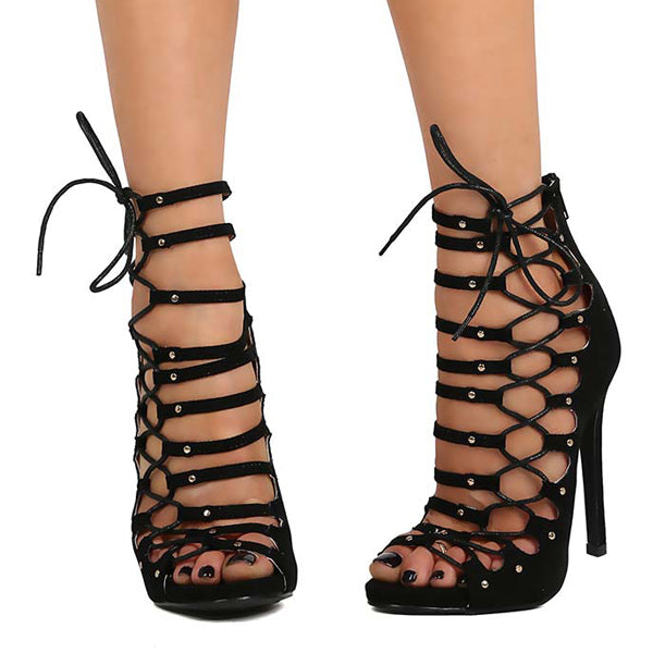 Jesse Black Faux Suede Peep Toe Strappy Side Lace Stiletto Heels for Women - Elegant Evening Party & Wedding High Heel Shoes