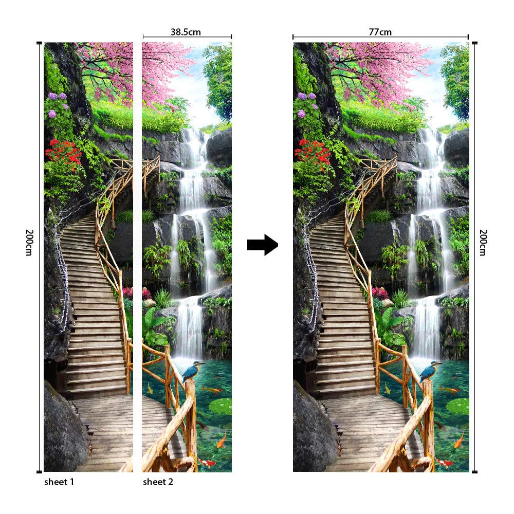 Eco-Friendly 3D Landscape Staircase Door Decals - Self-Adhesive Wall Stickers for Bedroom Decor, Home Renovation - 30.3×78.8 Inch Peel & Stick Murals - Perfect for Nursery, Living Room & Office Wall Art