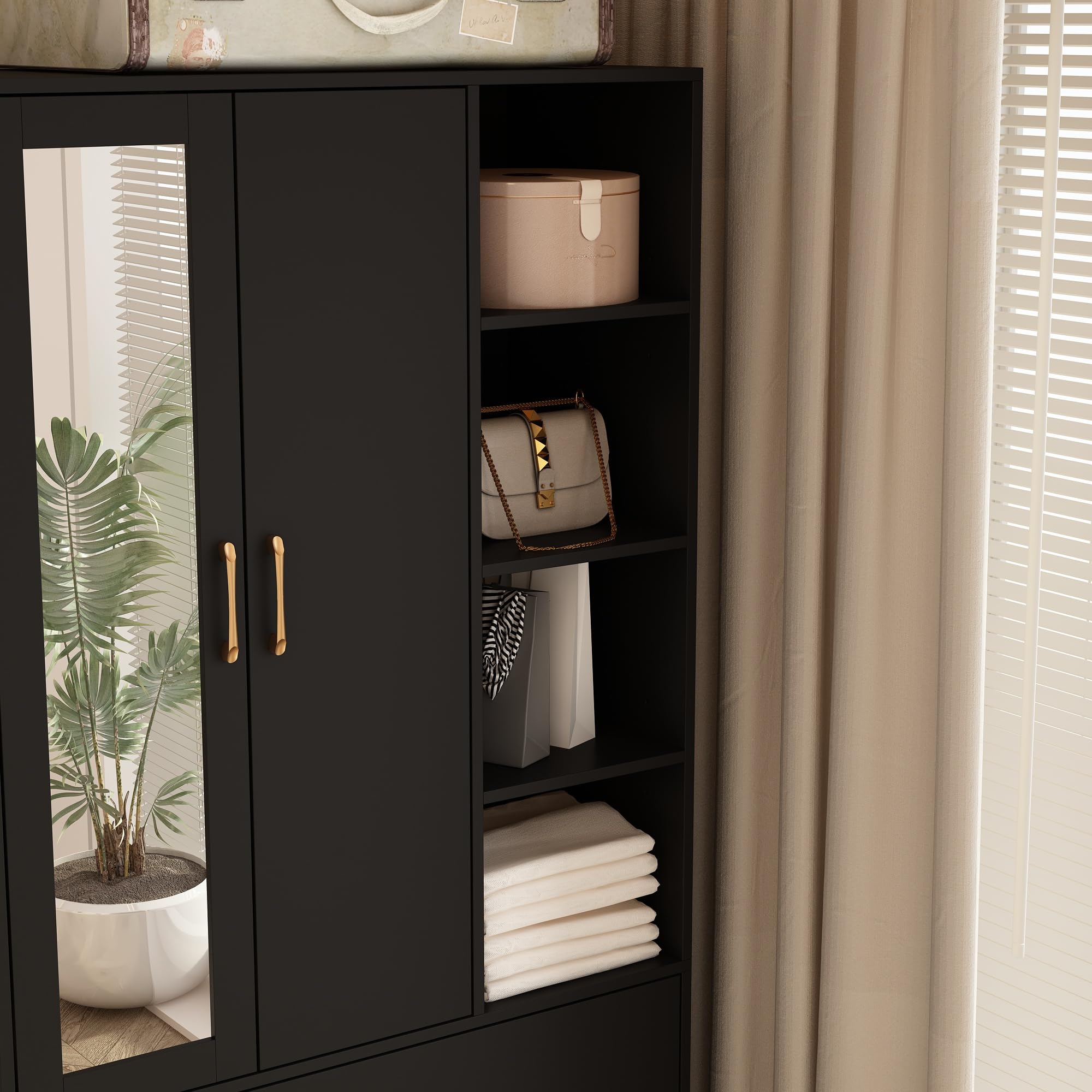 Homsee Wooden Wardrobe Armoire with Mirror - 2 Doors, 2 Drawers & 4 Open Storage Cubes - Freestanding Closet with Hanging Rod for Bedroom Organization - Black (35.5”L x 15.8”W x 70.8”H) - Perfect for Small Spaces, Apartments and Dorm Rooms
