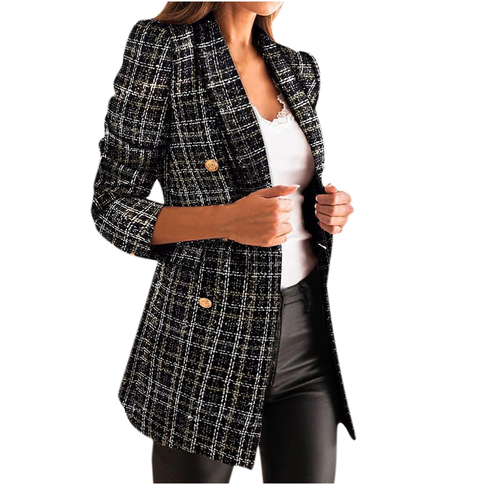 Stylish Hatoys Tartan Blazer Jacket for Women - Double Breasted Lapelled Knitted Checkered Slim Suit Jacket | Perfect for Office Wear, Business Meetings & Casual Outfits