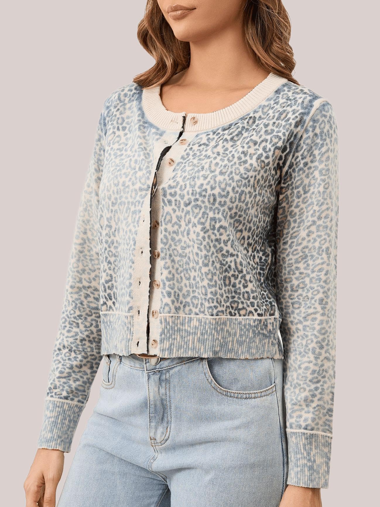 Women's Leopard Print Cropped Cardigan - Long Sleeve Open Front Button Down Knit Sweater | Casual Outfits, Office Wear & Fall Layering Essential