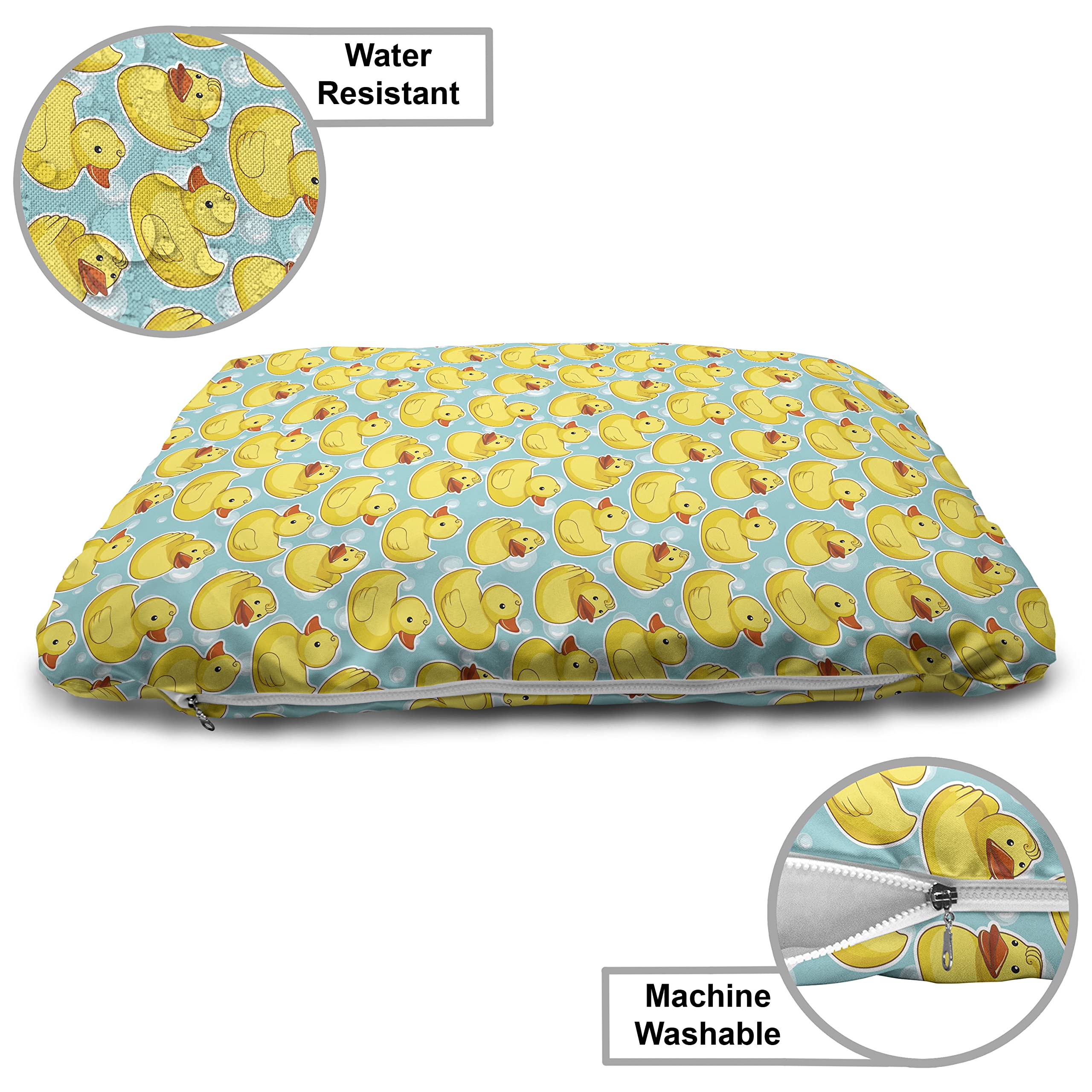 Lunarable Wooden Pet House for Dogs - Sketch Style Rubber Duck Pattern with Bath Bubbles Background, Indoor & Outdoor Portable Dog Kennel with Removable Pillow & Cover, 2X-Large Size in Seafoam Orange & Yellow - Perfect for Home, Yard, and Travel Use