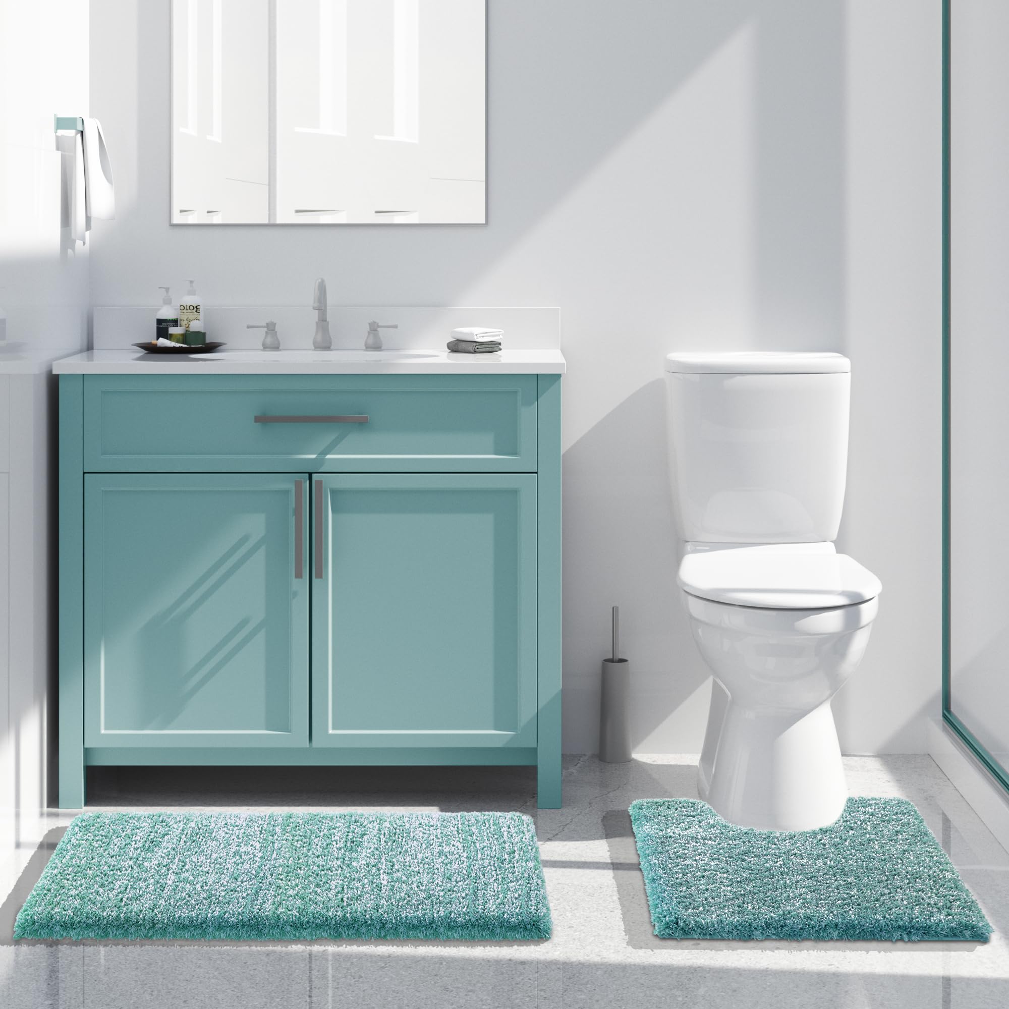 Yimobra Ultra Soft Bath Rugs 32x20 Inch - Non-Slip, Water Absorbent Shower Mats for Bathroom Floor & Tub - Plush Microfiber Bath Mat Machine Washable (Teal & White) - Perfect for Spa-Like Comfort and Safety
