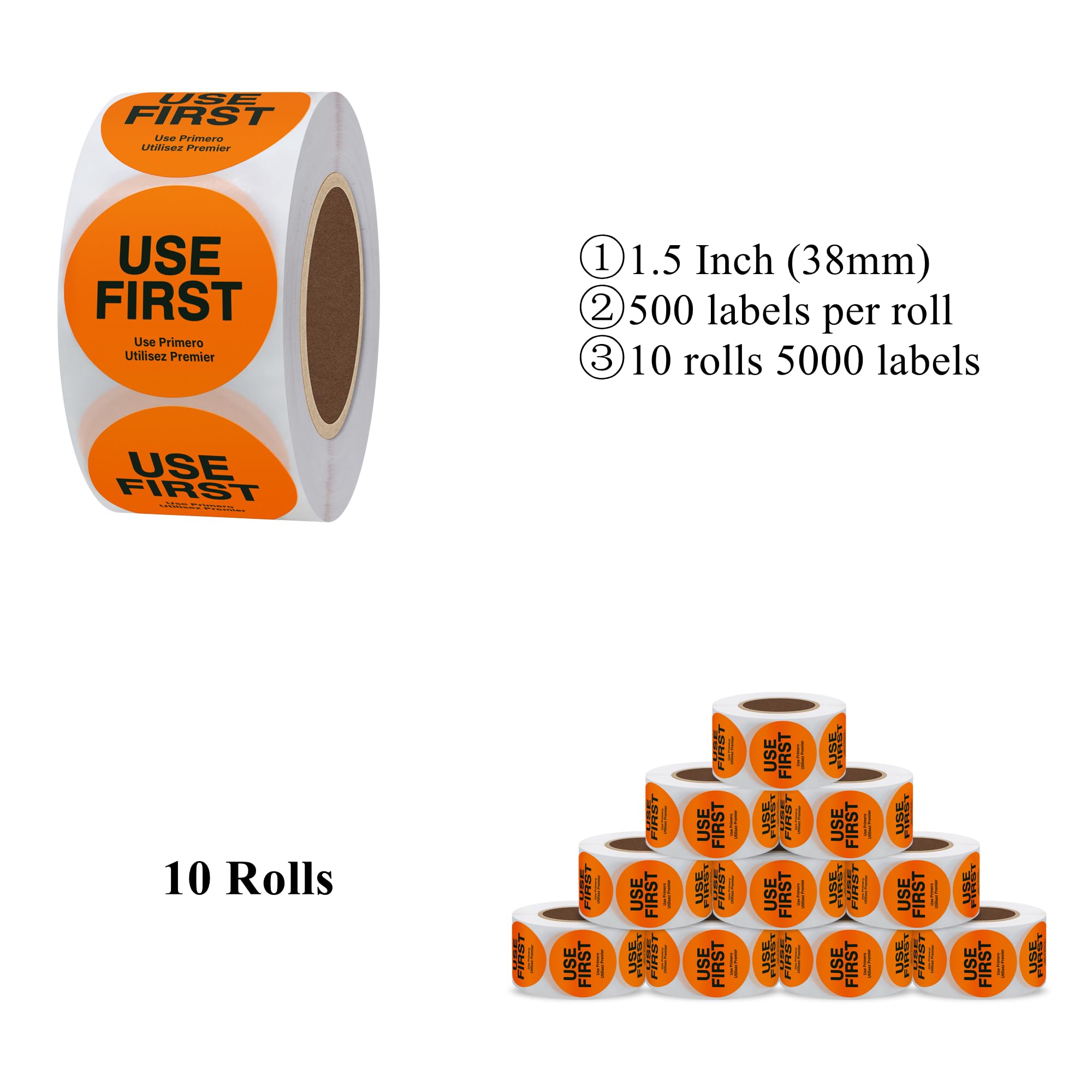1.5 Inch Food Safe Inventory Control Stickers - Trilingual English/Spanish/French - 500 Stickers per Roll (10 Rolls) - Perfect for Restaurant Food Rotation, Warehouse Organization & Retail Product Labeling