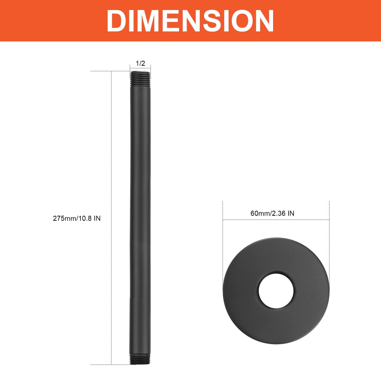 HarJue 10 Inch Matte Black Stainless Steel Ceiling Mount Shower Arm - Rain Shower Extension with Flange & Teflon Tape - Durable Fixed Shower Head Extender for Bathroom & Spa Renovation