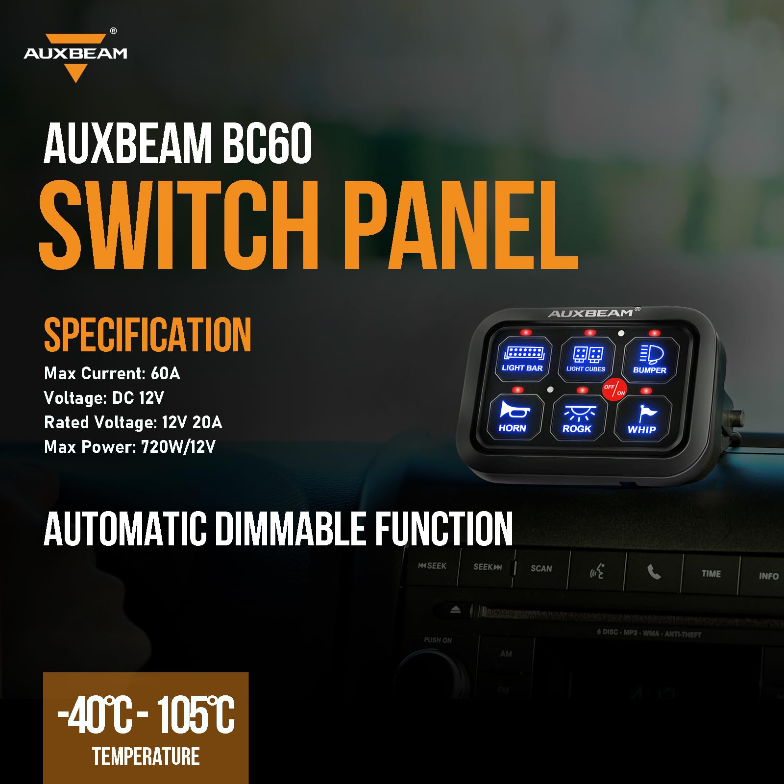 Auxbeam BC60 6 Gang Universal Switch Panel - Touch Control Relay System with Auto Dimmable LED for Cars, Trucks, Pickups, Boats & UTVs | Waterproof Circuit Control Box | Perfect for Off-Roading, Marine & RV Use (Blue, 2-Year Warranty)