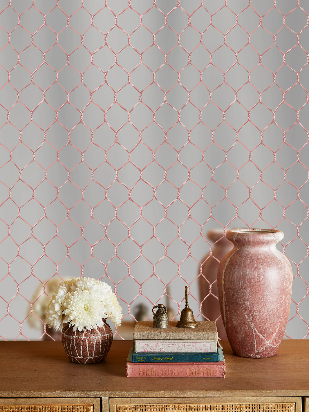 Sarah Jessica Parker Bleecker Blush Chicken Wire Wallpaper - Shiny Silver Peel & Stick Wallpaper for Kitchen Backsplash, Bathroom Accent Wall, and Home Decor