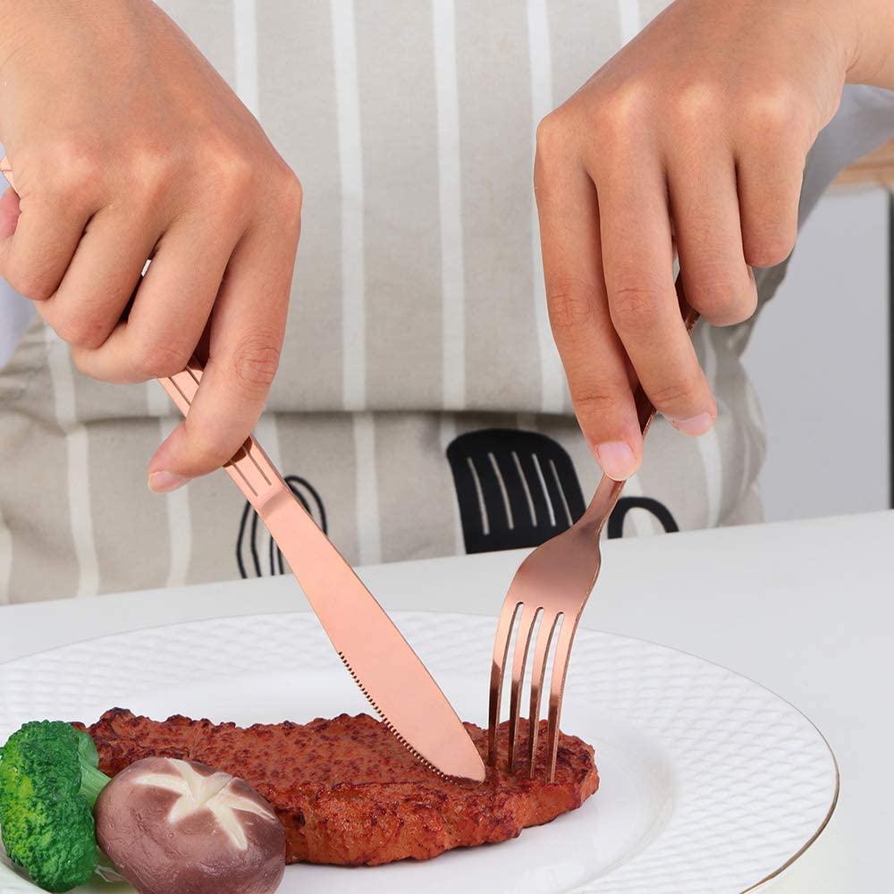 Premium Stainless Steel Dinner Knives Set of 12 - Rose Gold Flatware with Elegant Line Design, Titanium-Coated Steak Knives for Home, Restaurant & Wedding Use | Perfect for Fine Dining, Catering Events & Special Occasions