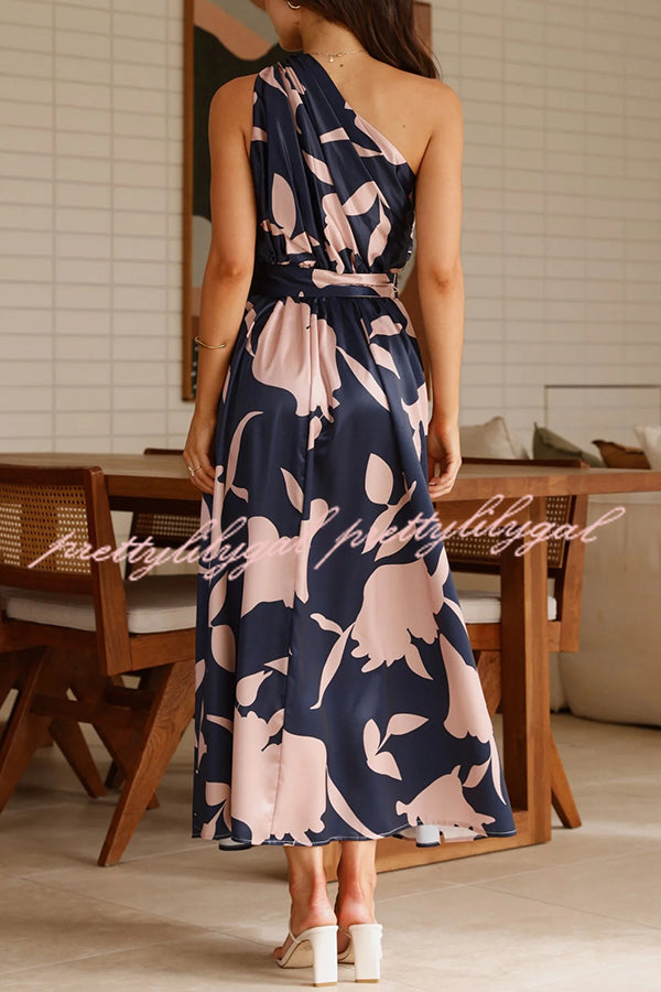 Unique Print Sleeveless One Shoulder Belted Maxi Dress for Women - Summer Beach Party, Evening Cocktail & Special Occasion Outfit
