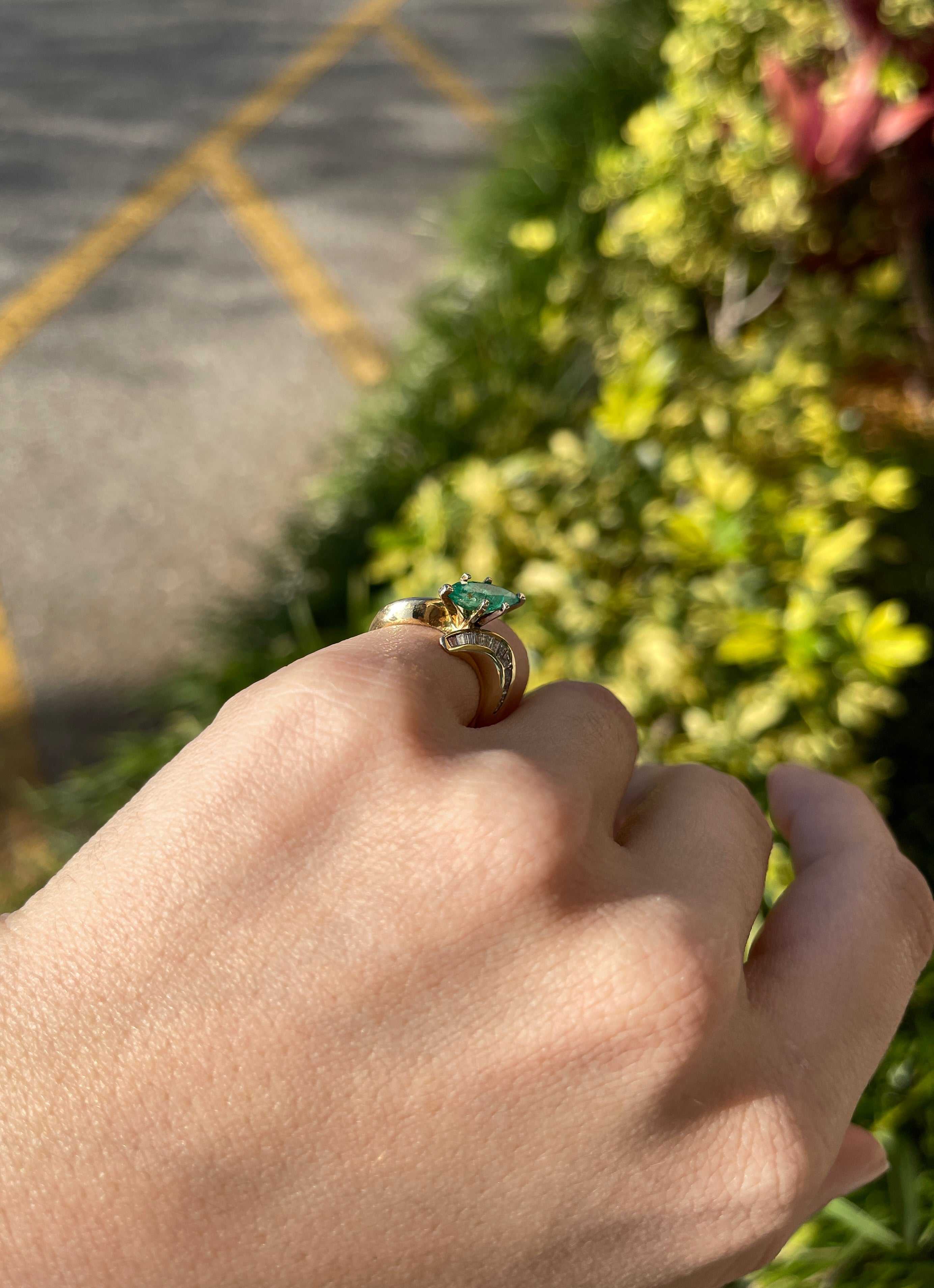 1.70tcw 14K Marquise Emerald & Channel Set Diamond Baguette Statement Ring - Elegant Jewelry for Weddings, Anniversaries & Special Occasions