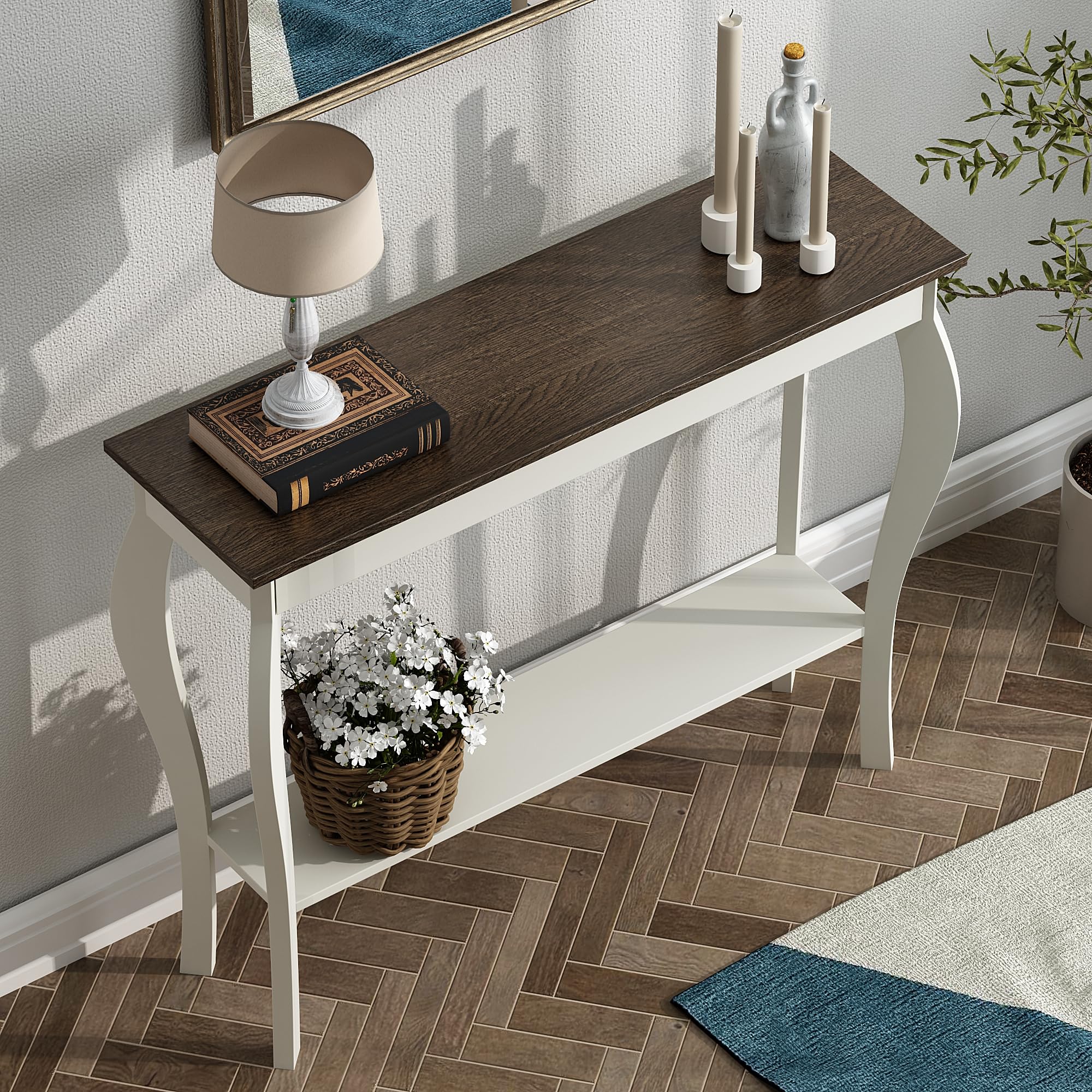 ChooChoo Narrow Farmhouse Console Table - Chic Accent Sofa Table & Entryway Table in Antique White & Brown | Perfect for Living Room, Hallway & Small Space Decor