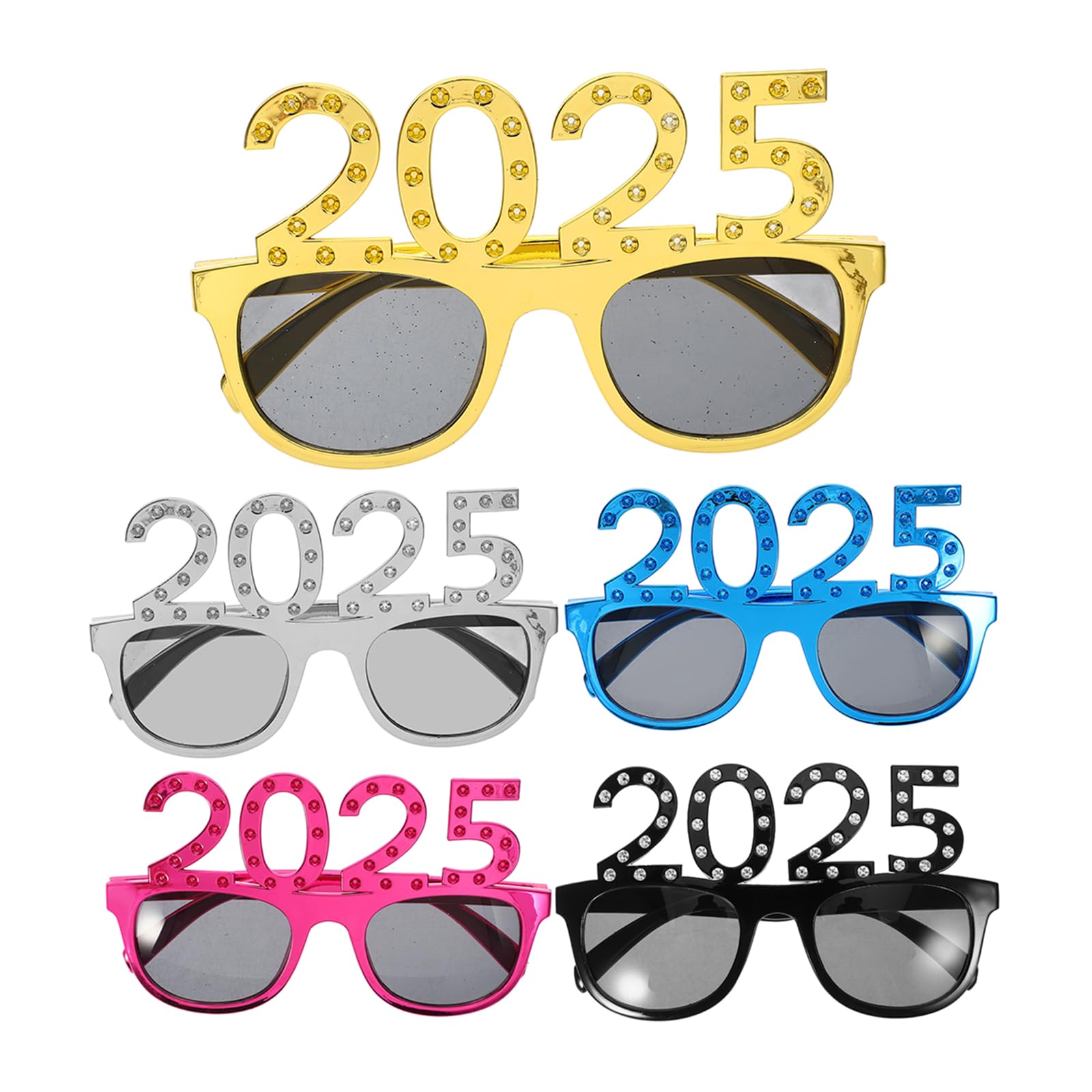 LOGOFUN 5-Pack 2025 Glitter Sunglasses - New Year Party Eyewear with 2025 Number Frame for Holiday, Graduation & Celebrations - Colorful & Fun Accessories for NYE, Countdown Parties & Festive Events
