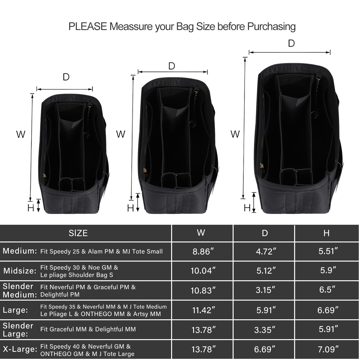 Premium Felt Purse Organizer Insert with Zipper & Sewn Bottom - 6 Sizes for Louis Vuitton Speedy, Neverfull, Graceful Bags | Handbag Storage Solution for Travel & Daily Use