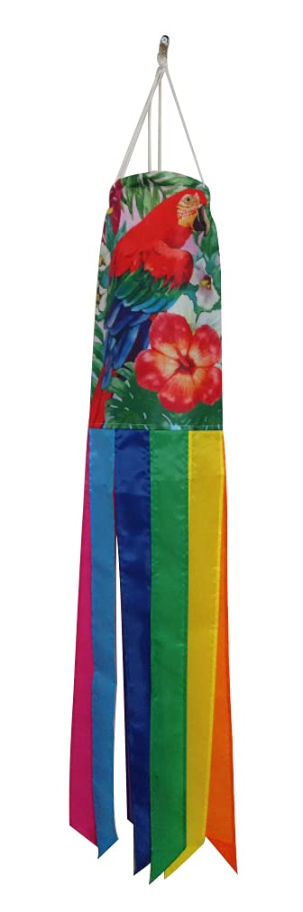 Vibrant 40-Inch Red Parrot & Hibiscus Flower Windsock with Rainbow Tails - Colorful Outdoor Garden Decor for Patio, Backyard, and Tropical Party Decorations