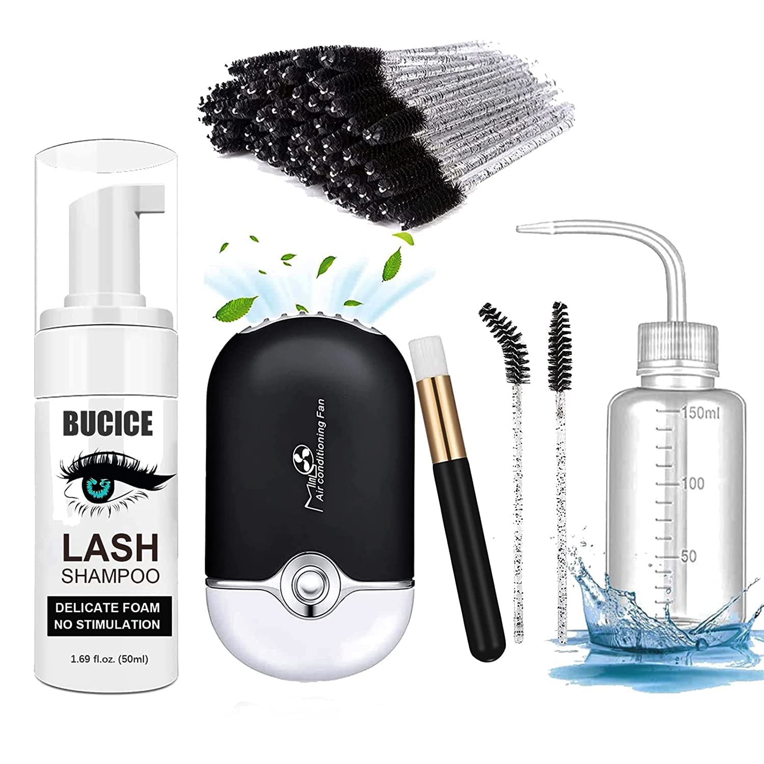 BUCICE Lash Extension Shampoo & Cleaning Kit - 50ml Eyelid Foaming Cleanser with USB Mini Fan & Mascara Brush - Professional & Home Use for Lash Extensions Care (Black) | Perfect for Salon Treatments & DIY Lash Maintenance at Home
