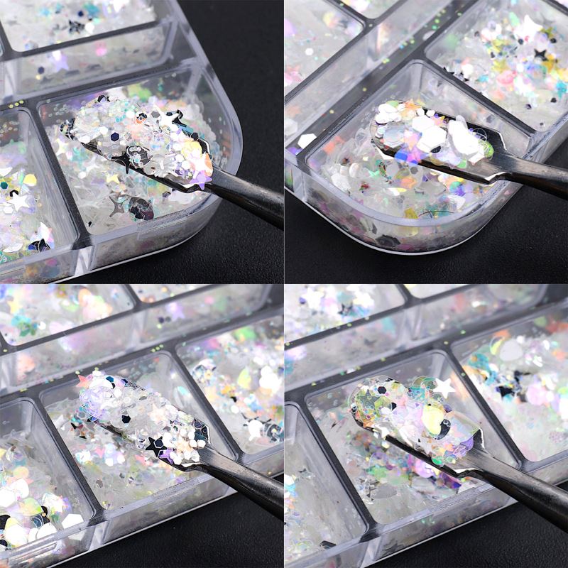 Ultra Thin Sequins Glitters Nail Art - 6 Grid Tray for DIY Nail Decoration, Manicure, Pedicure & Salon Use