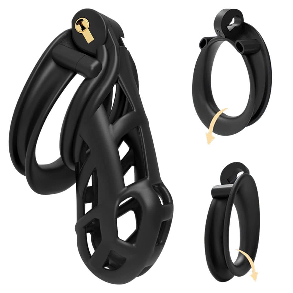 Male Chastity Device Cock Cage with 4 Adjustable Rings - Resin Chastity Lock for Penis Exercise & Tease Play - Perfect for BDSM, Couples Play & Male Enhancement (Black)