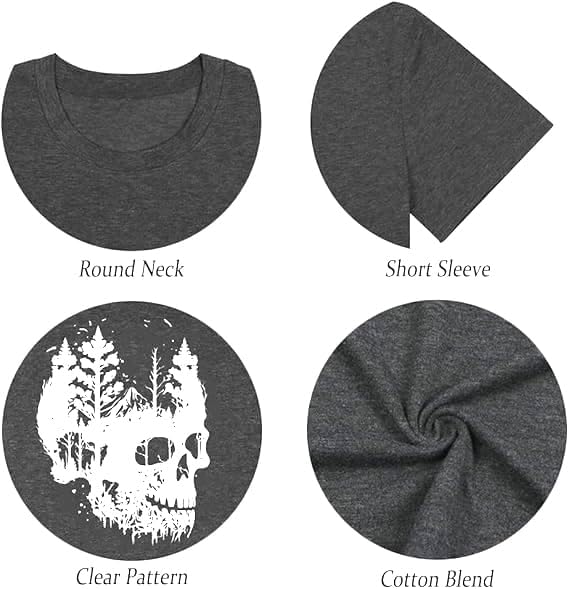 Funny Women's Skull Graphic T-Shirt - Vintage Skeleton Print Gothic Tee - Casual Short Sleeve Holiday Top for Halloween, Concerts & Casual Wear