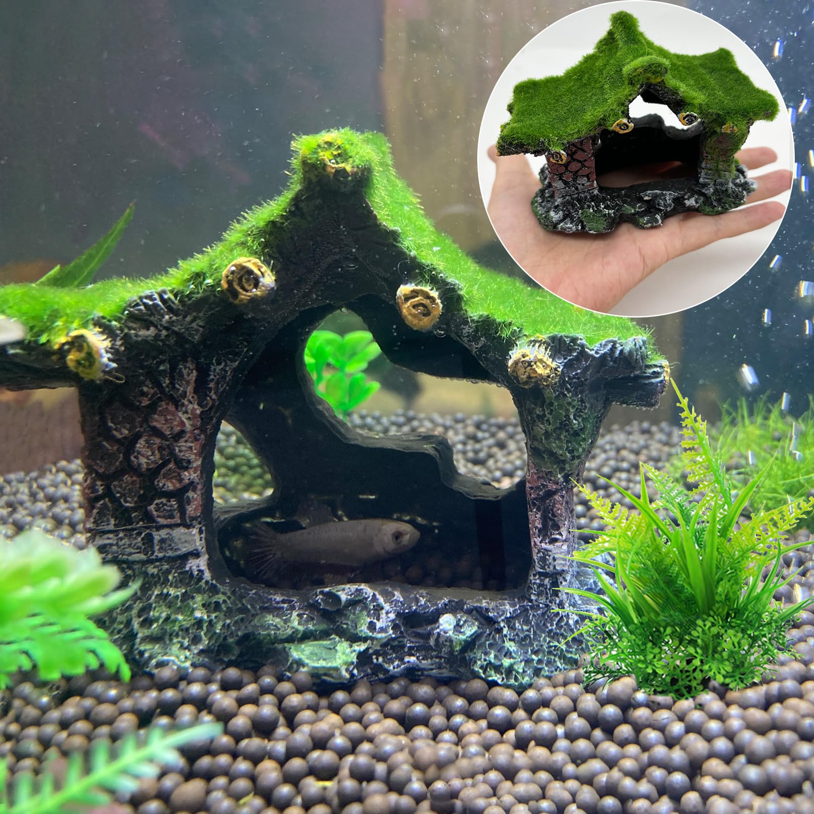 Betta Fish Hideout Cave - 2Pcs Resin Aquarium Decorations with Hollow Design for Shrimp, Moss & Small Fish - Perfect for Betta Tanks, Terrariums & Aquatic Habitats