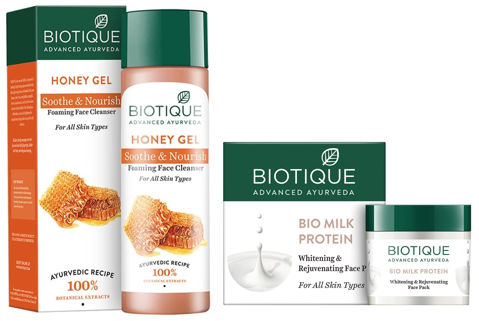 Biotique Bio Honey Gel Refreshing Foaming Face Cleanser 120ml & Bio Milk Protein Whitening Face Pack 50g - Natural Skincare Set for All Skin Types | Gentle Cleansing & Brightening | Perfect for Daily Routine & Spa Nights