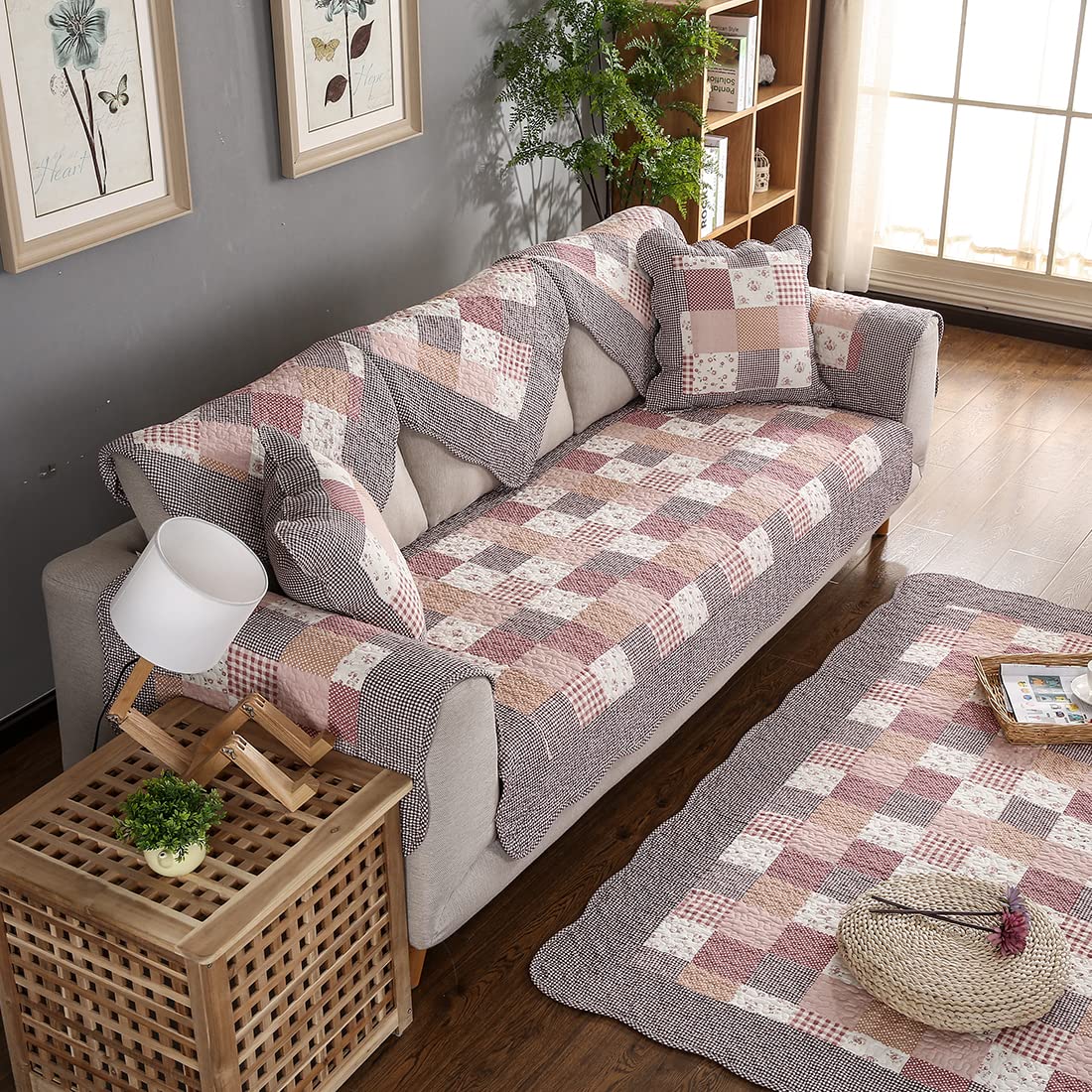 Floral Patchwork Boho Cotton Quilted Sofa Cover - Non-Slip Sectional Couch Slipcover for Dogs, Kids & Pets - Furniture Protector (36