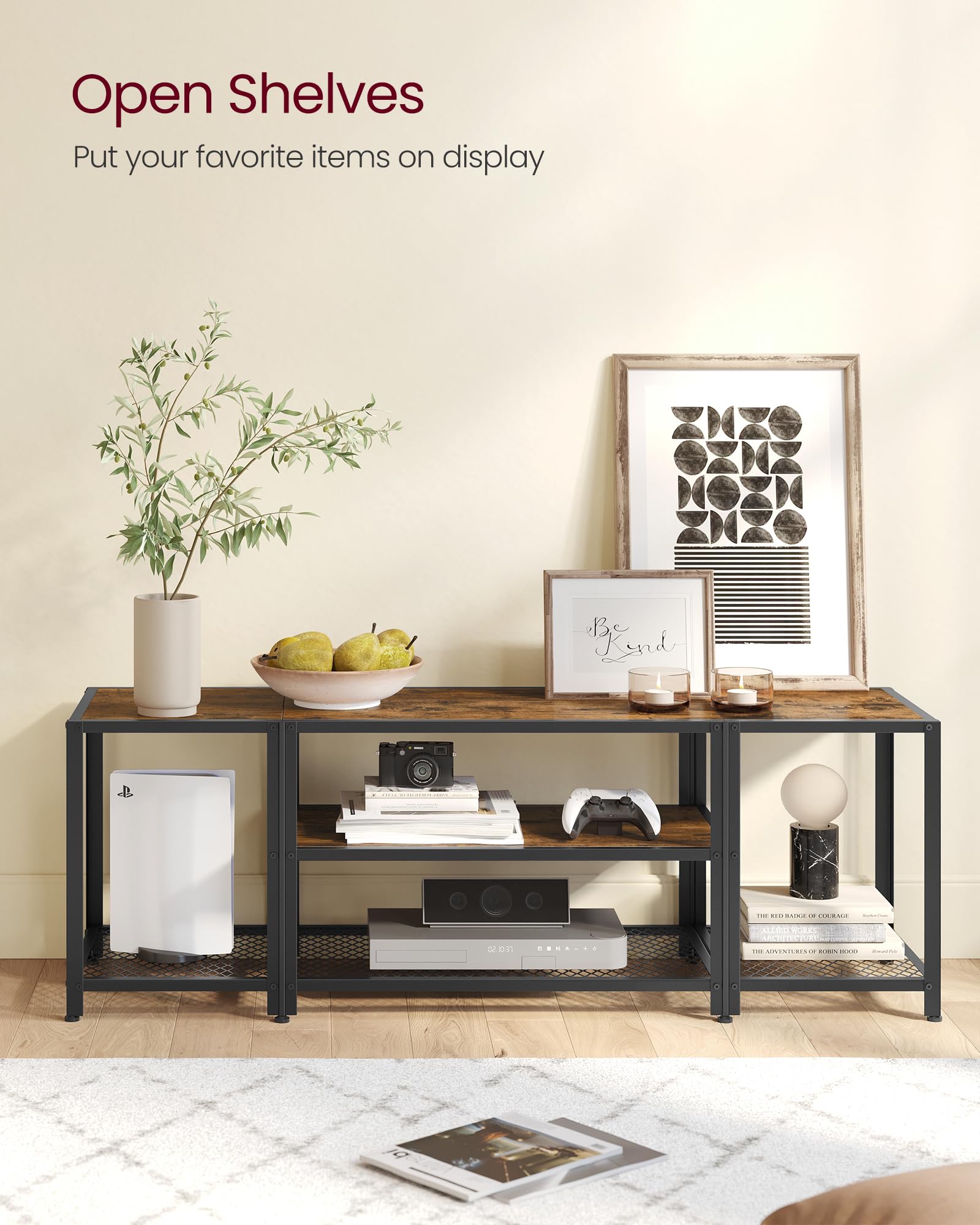 VASAGLE 65 Inch TV Stand with 3-Tier Open Shelves, Industrial Modern Entertainment Center Console Table - Rustic Brown & Black for Living Room & Bedroom | Perfect for Home Theater Setup & Media Storage Organization