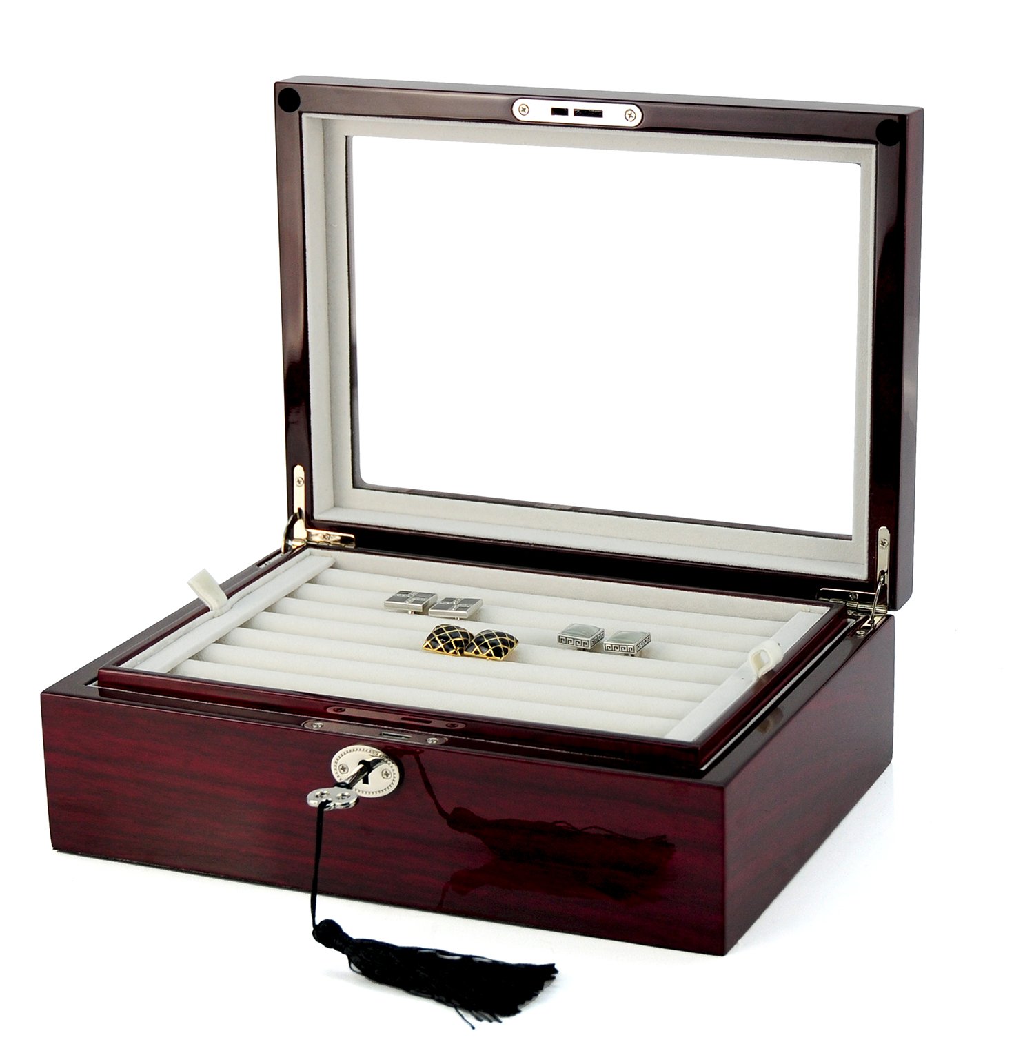 Luxury Mahogany Double-Decker Jewelry Cufflinks Collector's Storage Box - Elegant Presentation Case for Men's Accessories | Perfect Gift for Weddings, Anniversaries & Formal Events