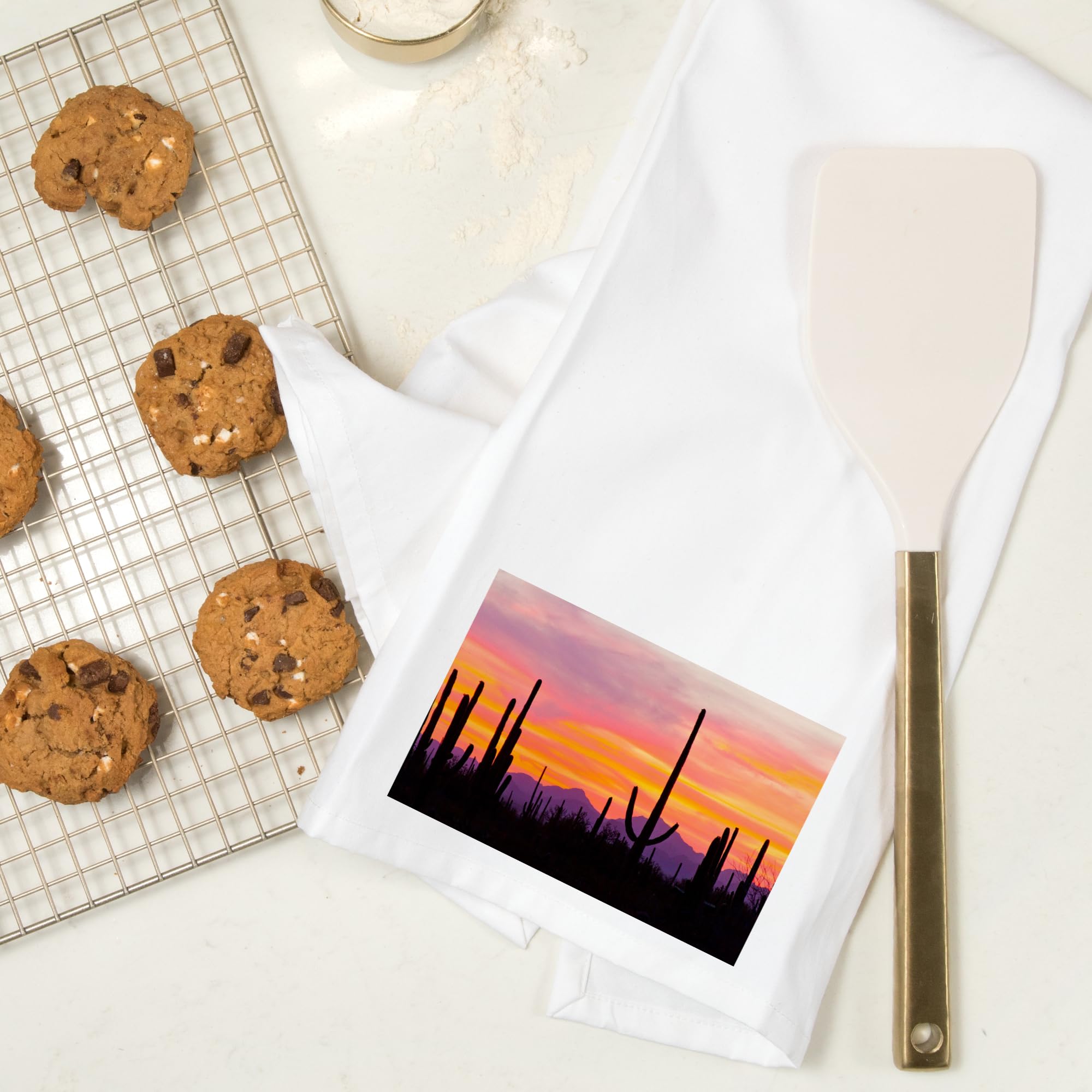 Lantern Press Sunset and Cactus Cotton Tea Towel - 100% Premium Cotton Decorative Hand Towel for Kitchen, Bathroom & Home Decor | Perfect for Dish Drying, Gift Giving and Southwestern Style Decor