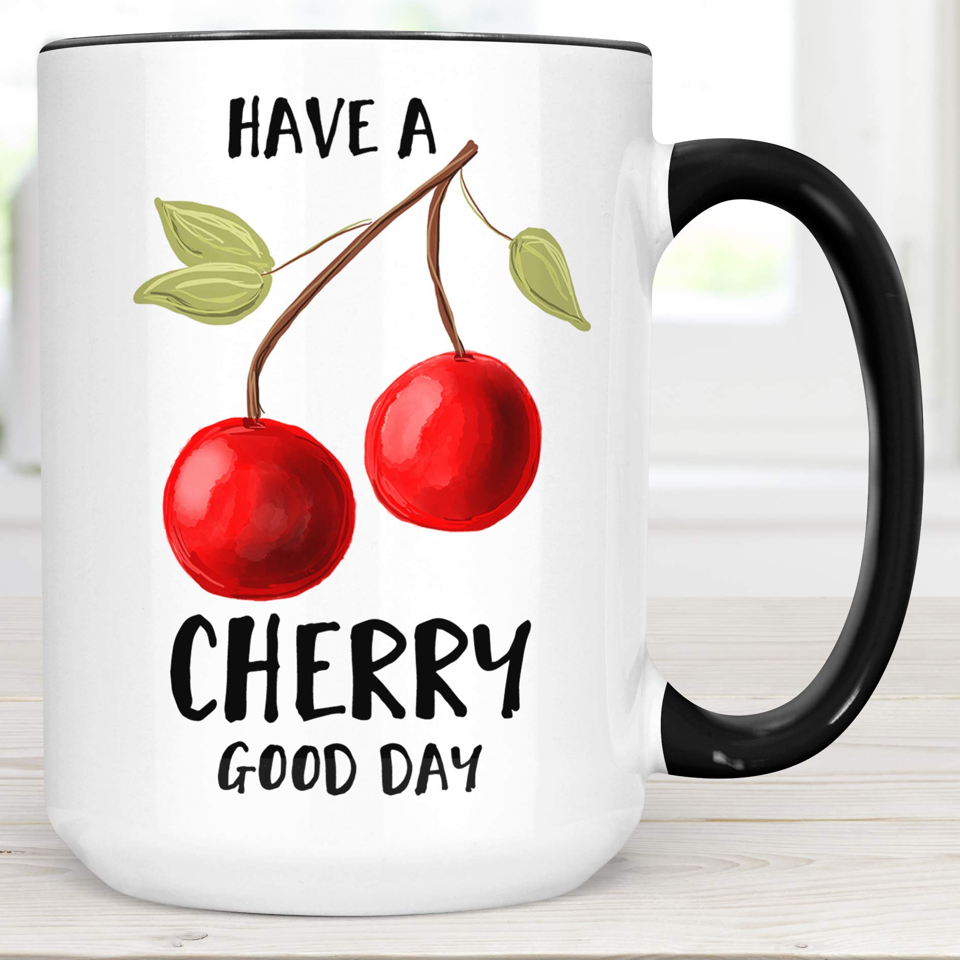 Cherry Coffee Mug - Dishwasher & Microwave Safe Ceramic Cup with Fun 'Have a Cherry Good Day' Pun - Perfect Gift for Vegan Friends, Office Use, or Cheerful Morning Coffee Routine