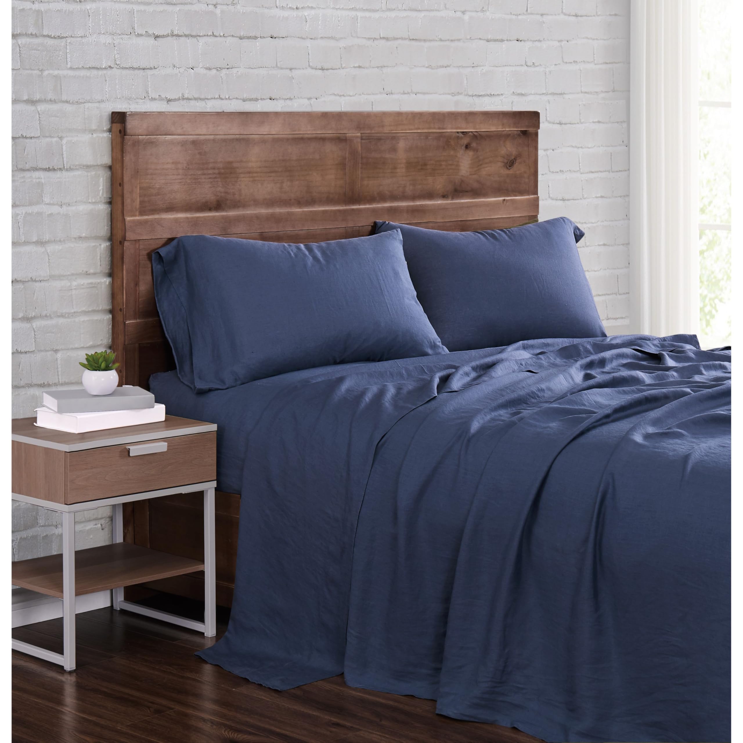 Premium Brooklyn Loom 100% Linen Sheet Set - California King Size - Breathable Navy Blue Bed Sheets - Perfect for Hot Sleepers & Luxury Bedroom Decor
