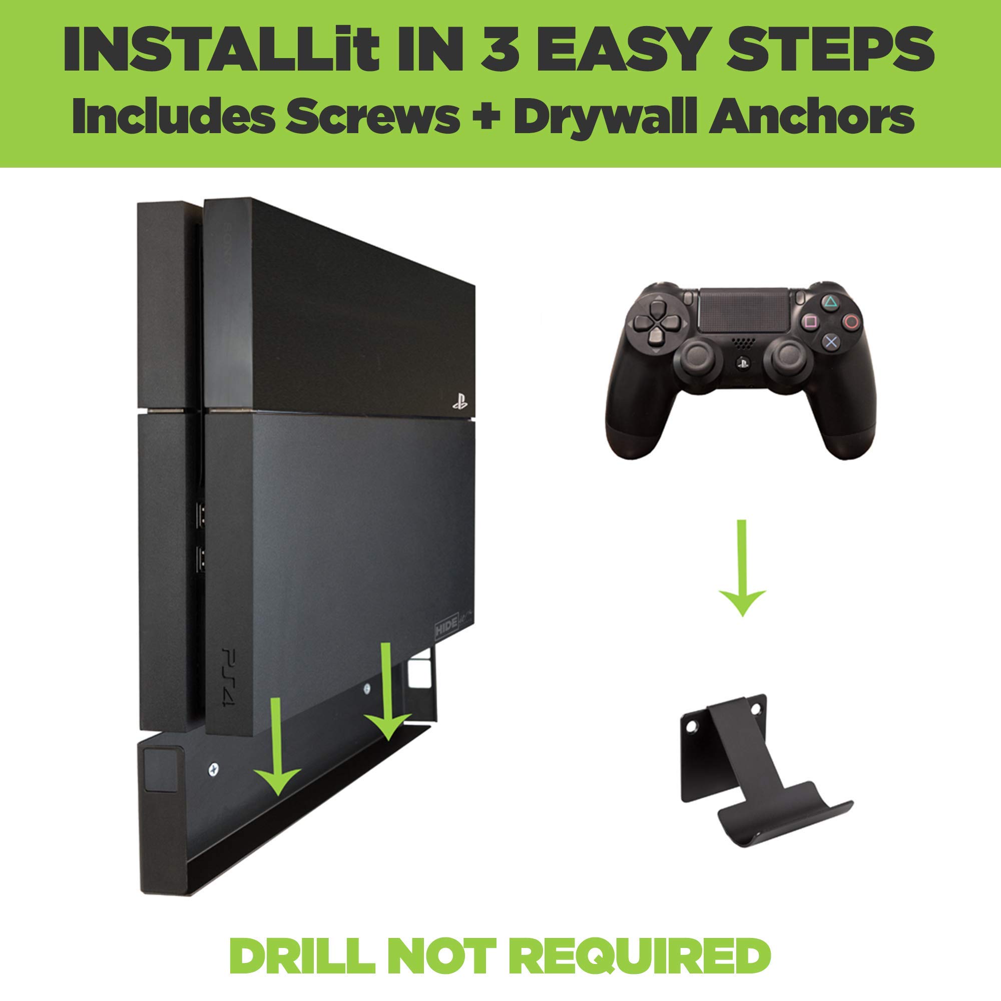 HIDEit Mounts 4 Bundle - Wall Mount for Original PS4 Console & 2 Controllers | Steel Bracket Organizer for PS4 System & DualShock 4 | Space-Saving TV Mount for Living Room & Gaming Setup