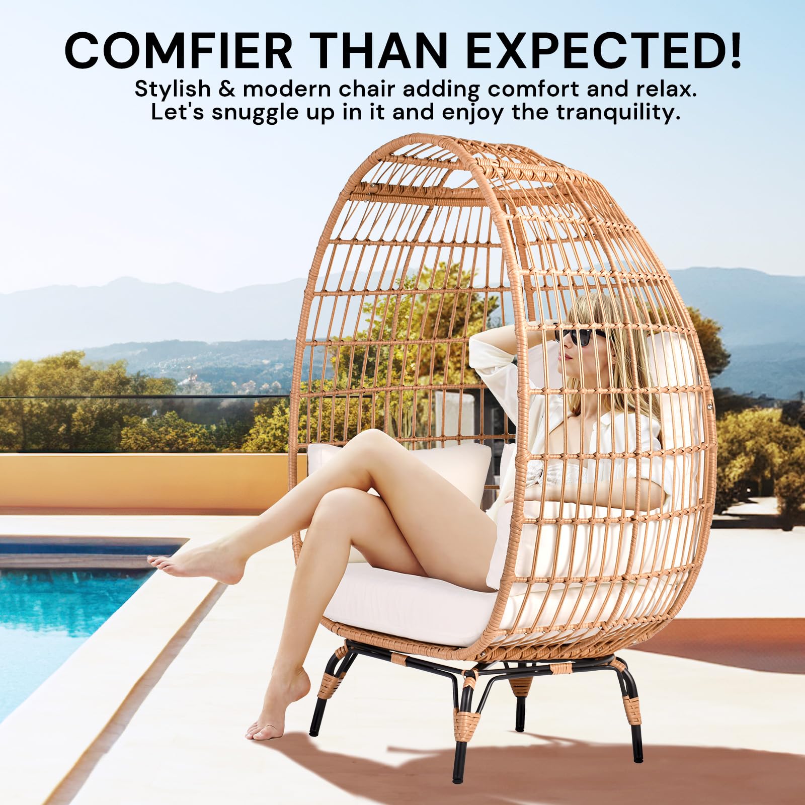 TYARDS Outdoor Egg Chair - PE Wicker Hanging Chair with 440 lbs Weight Capacity, Patio Swing Chair with 4 Thick Cushions, Oversized Lounge Chair with Durable Steel Frame - Perfect for Balcony, Backyard, Bedroom, Garden & Poolside Relaxation