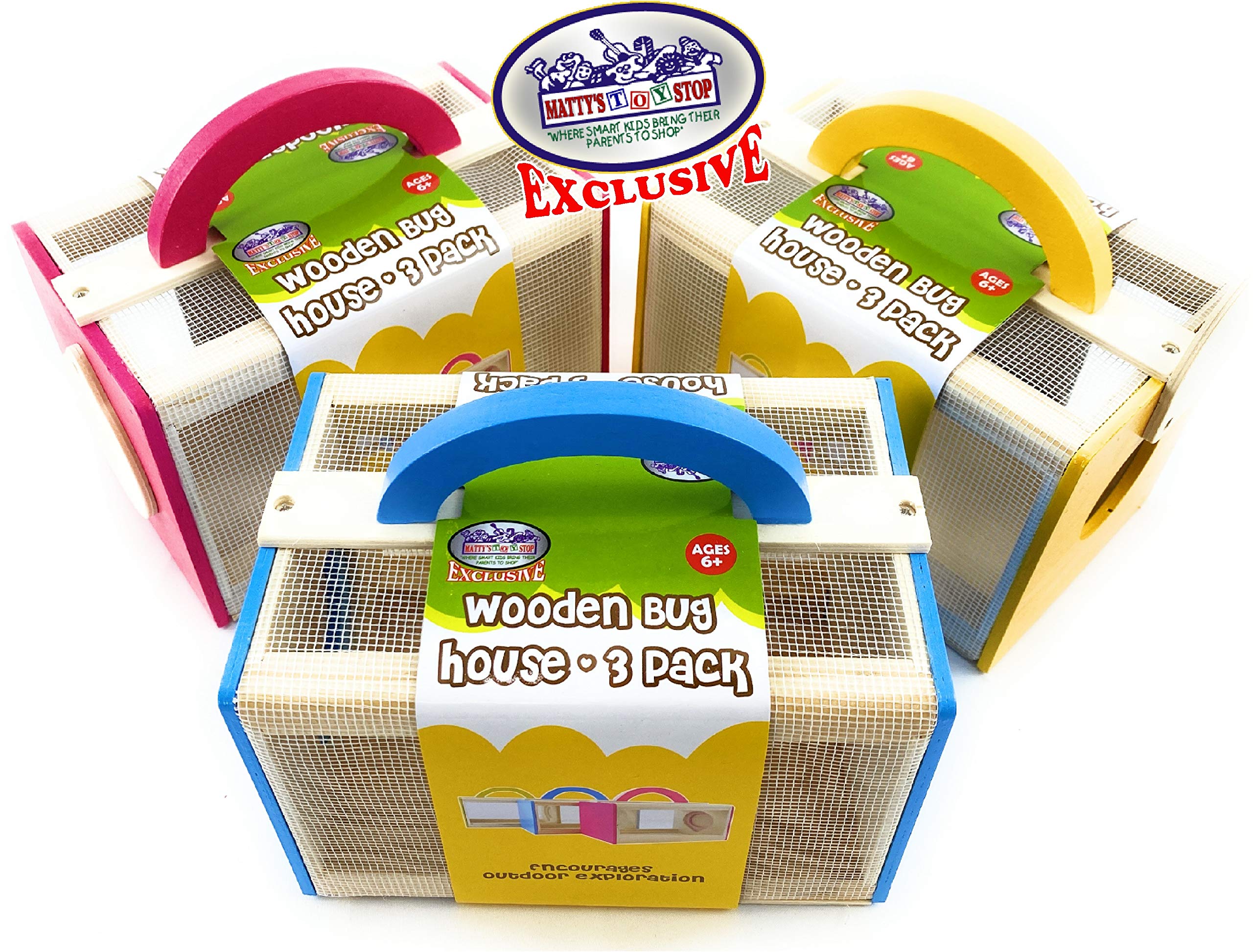 Wooden Bug House Insect Cages - 3 Pack (Blue, Red, Yellow) for Kids Outdoor Exploration