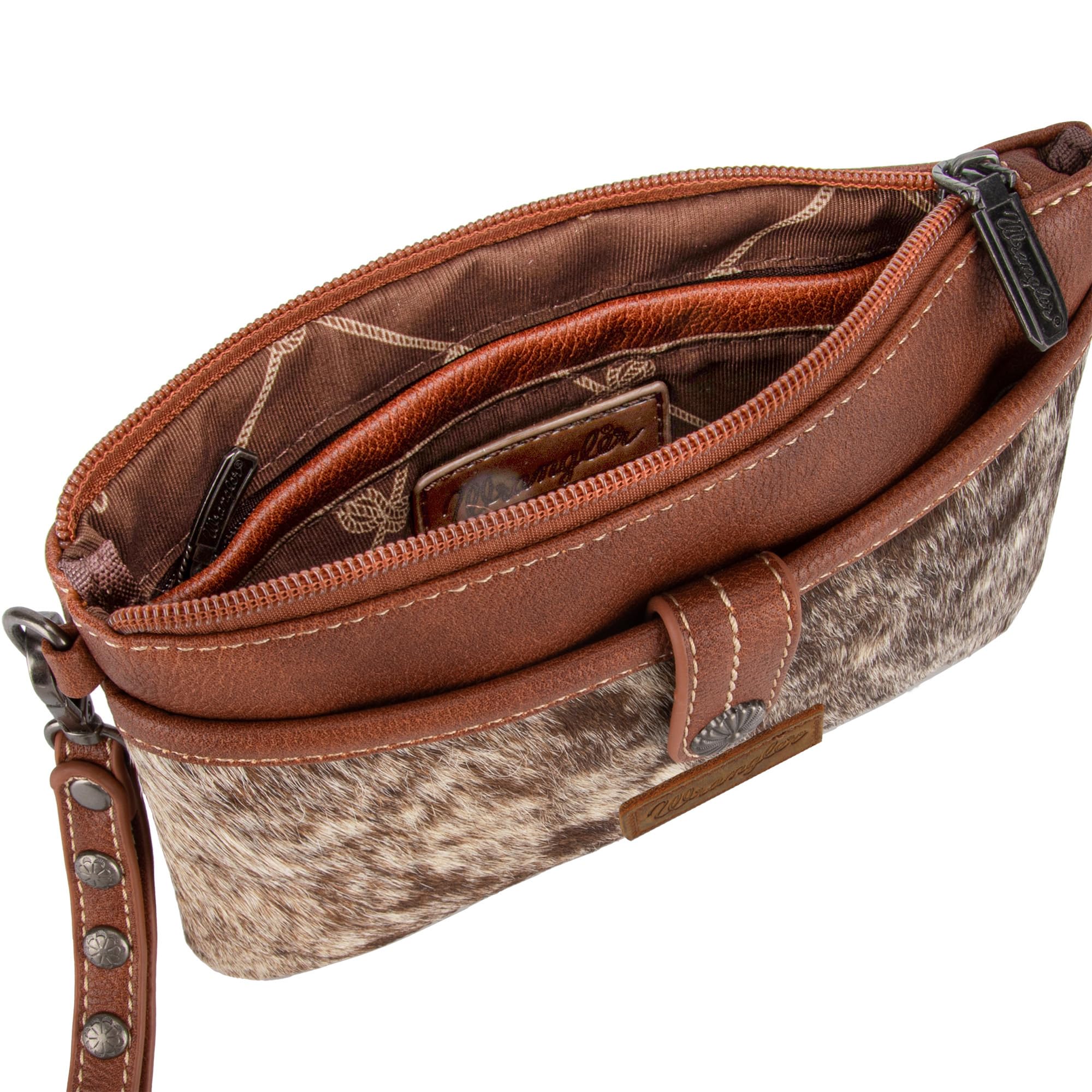 Wrangler Genuine Cowhide Western Crossbody Bag for Women - Stylish Clutch & Wristlet Purse - Perfect for Rodeo, Country Music Festivals & Everyday Use