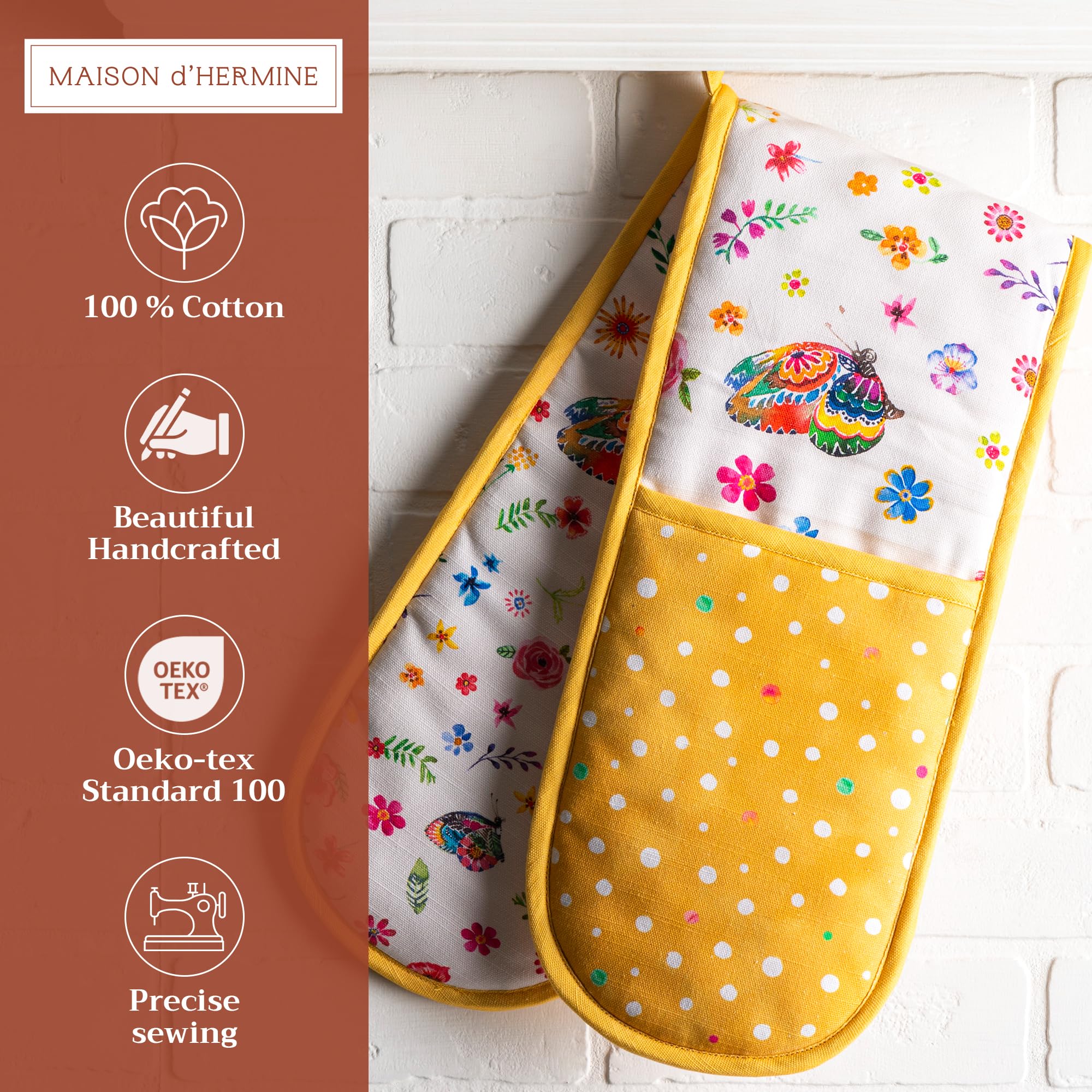 Maison d'Hermine Happy Florals 100% Cotton Double Oven Mitt with Loop - Heat Resistant BBQ, Baking, Grilling & Microwave Oven Gloves (7.5x35 Inch) - Perfect for Spring/Summer Cooking, Baking & Outdoor Barbecues
