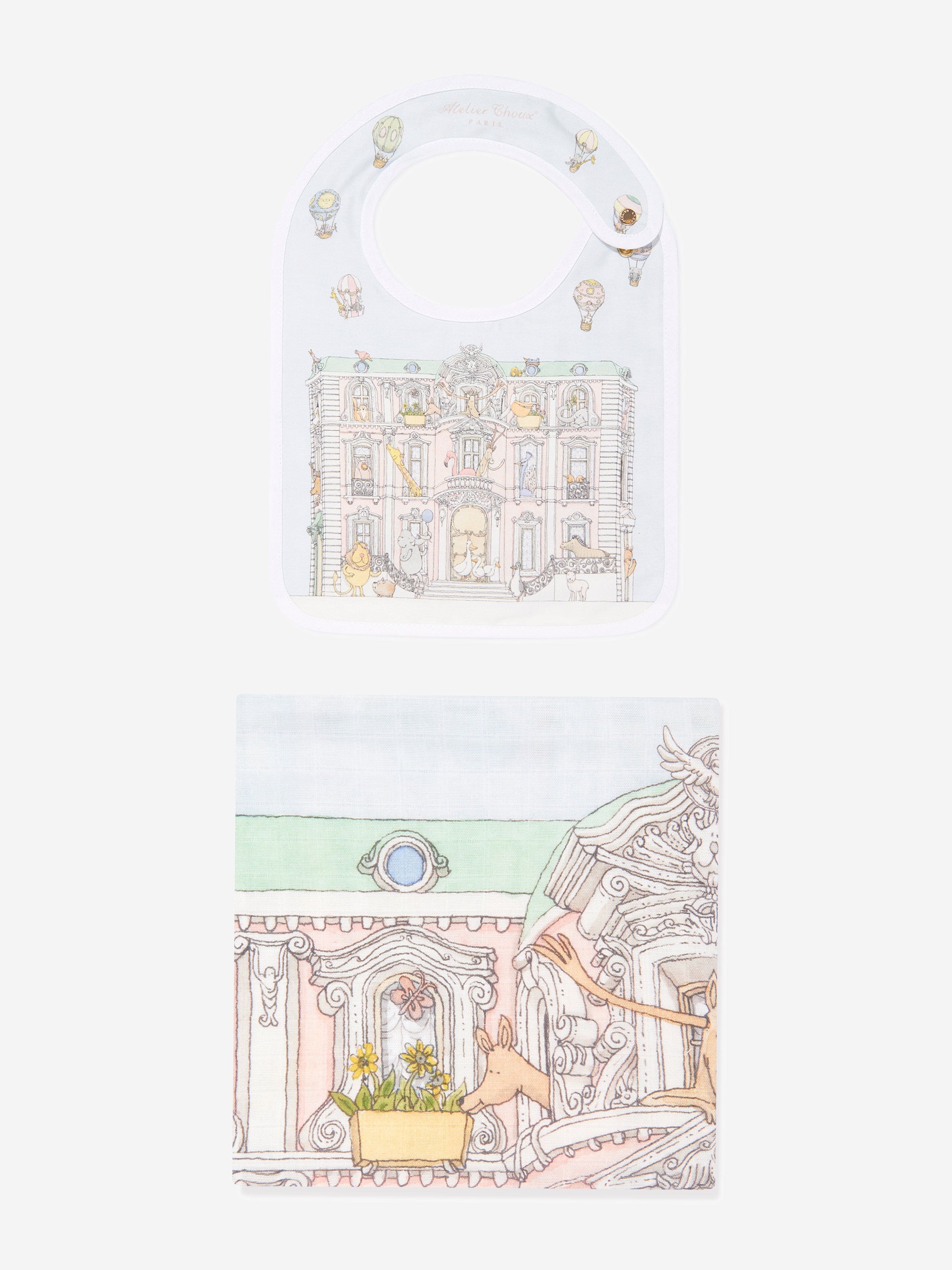 Atelier Choux Baby Monceau Mansion Swaddle & Satin Bib Set - Premium Newborn Gift in Blue | Soft Cotton Swaddle Blanket & Elegant Bib for Nursery, Photo Shoots & Special Occasions