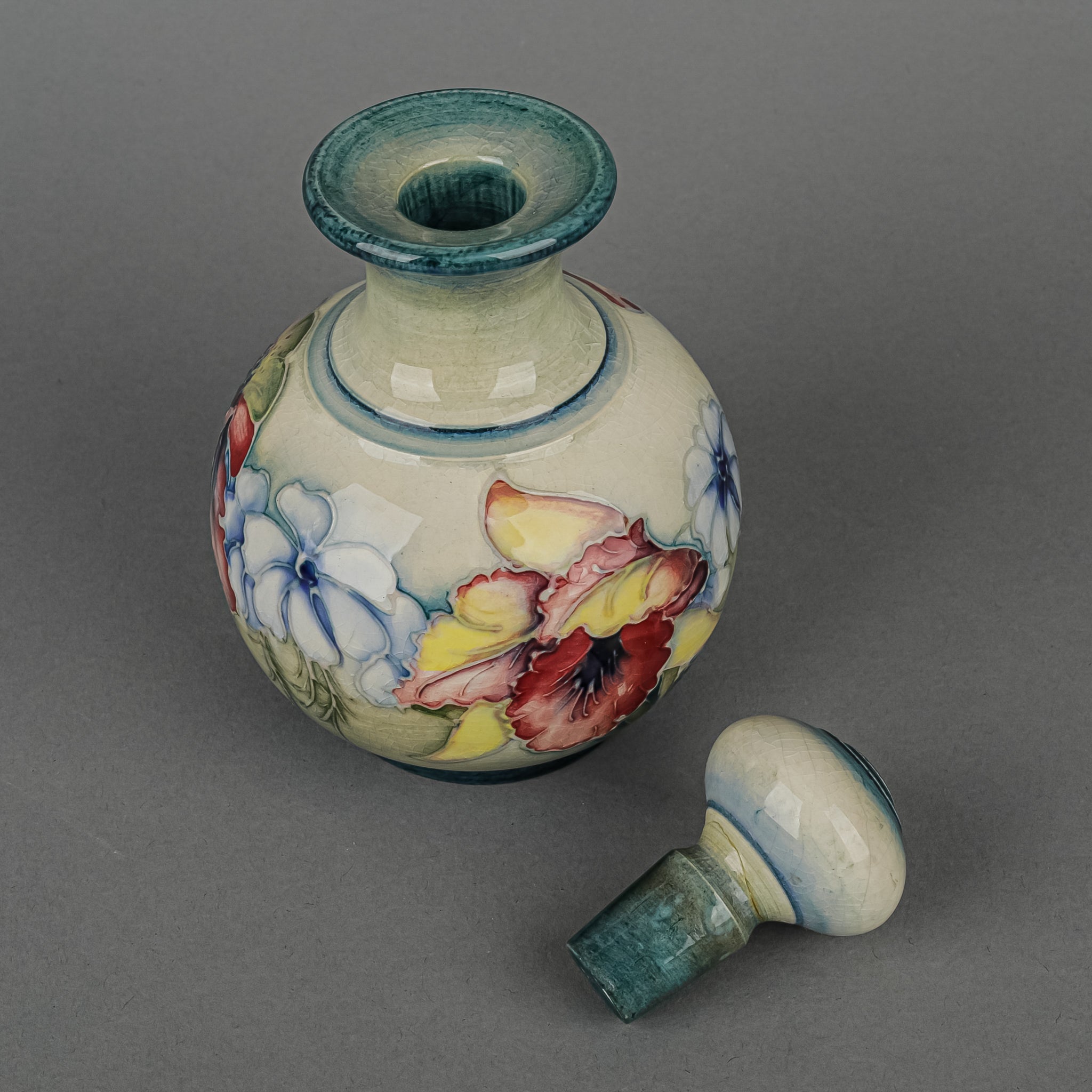 MOORCROFT Orchid Blue Green Handcrafted Ceramic Bottle with Stopper - Perfect for Home Decor, Gift Giving & Collectible Display
