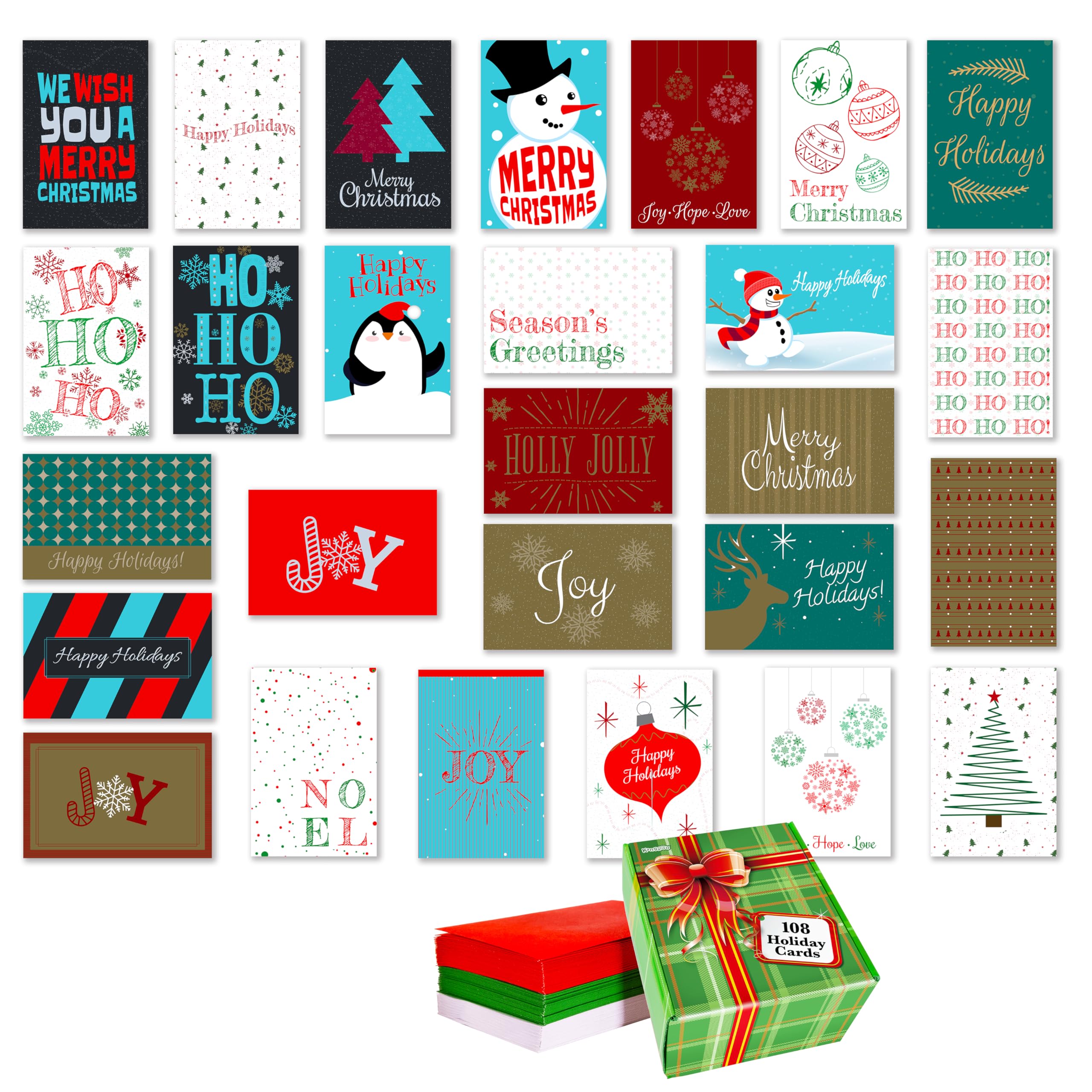 Bulk Kangaroo Christmas Cards Set - 108 Blank Holiday Greeting Cards with Assorted Designs & Red, Green, White Envelopes | Perfect for Office, School, Family Holiday Mailing & Gift Exchanges